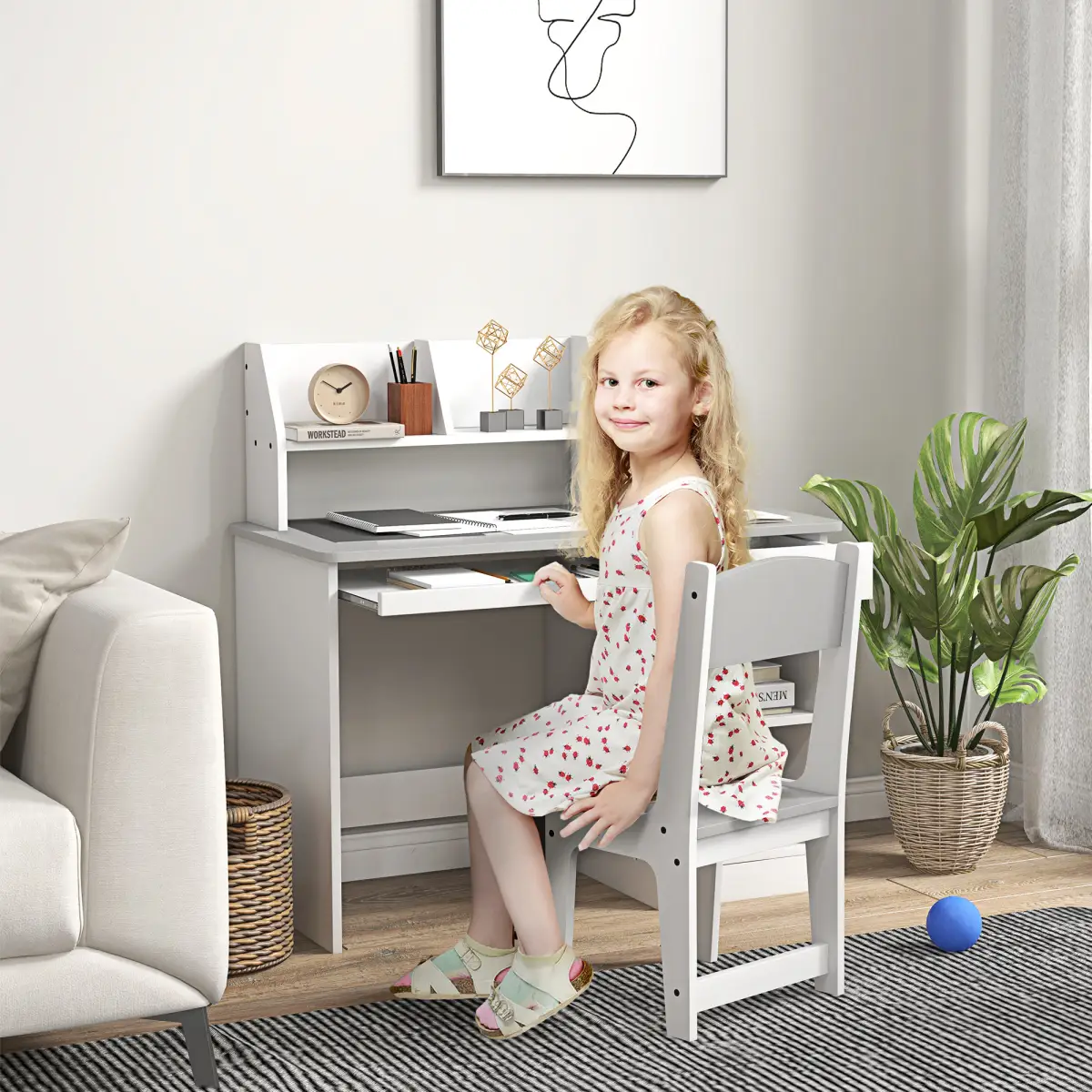 ZONEKIZ ZONEKIZ Kids Desk and Chair Set with Storage for 5-8 Years, Grey - Desk
