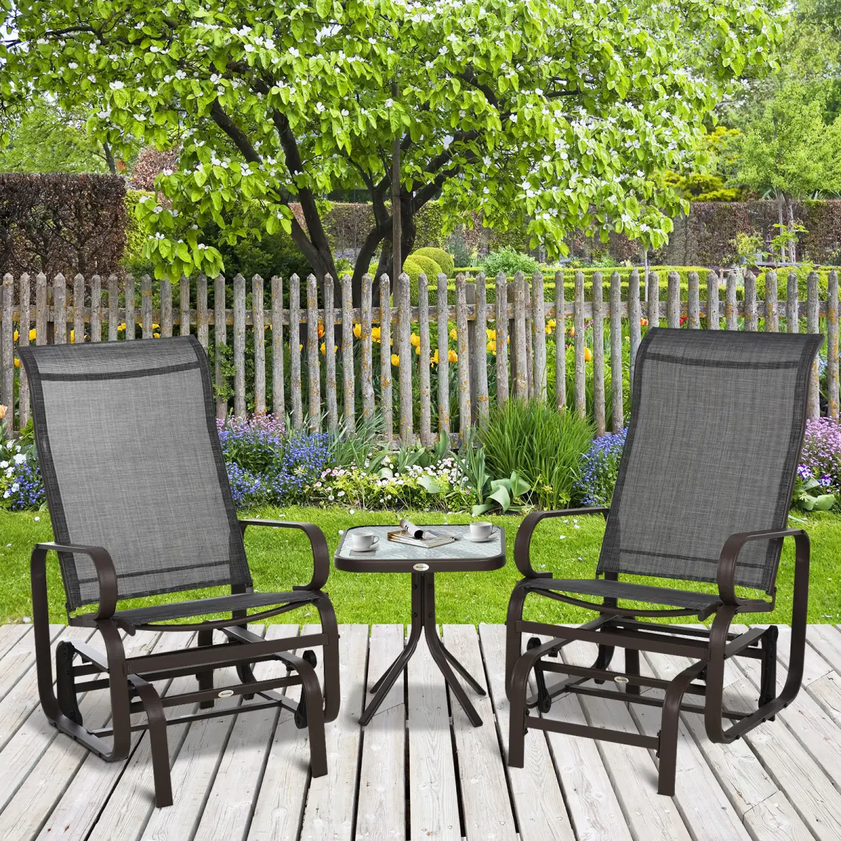 Outsunny 3 piece Outdoor Swing Chair with Tea Table Set, Patio Garden Rocking Furniture - Hammocks