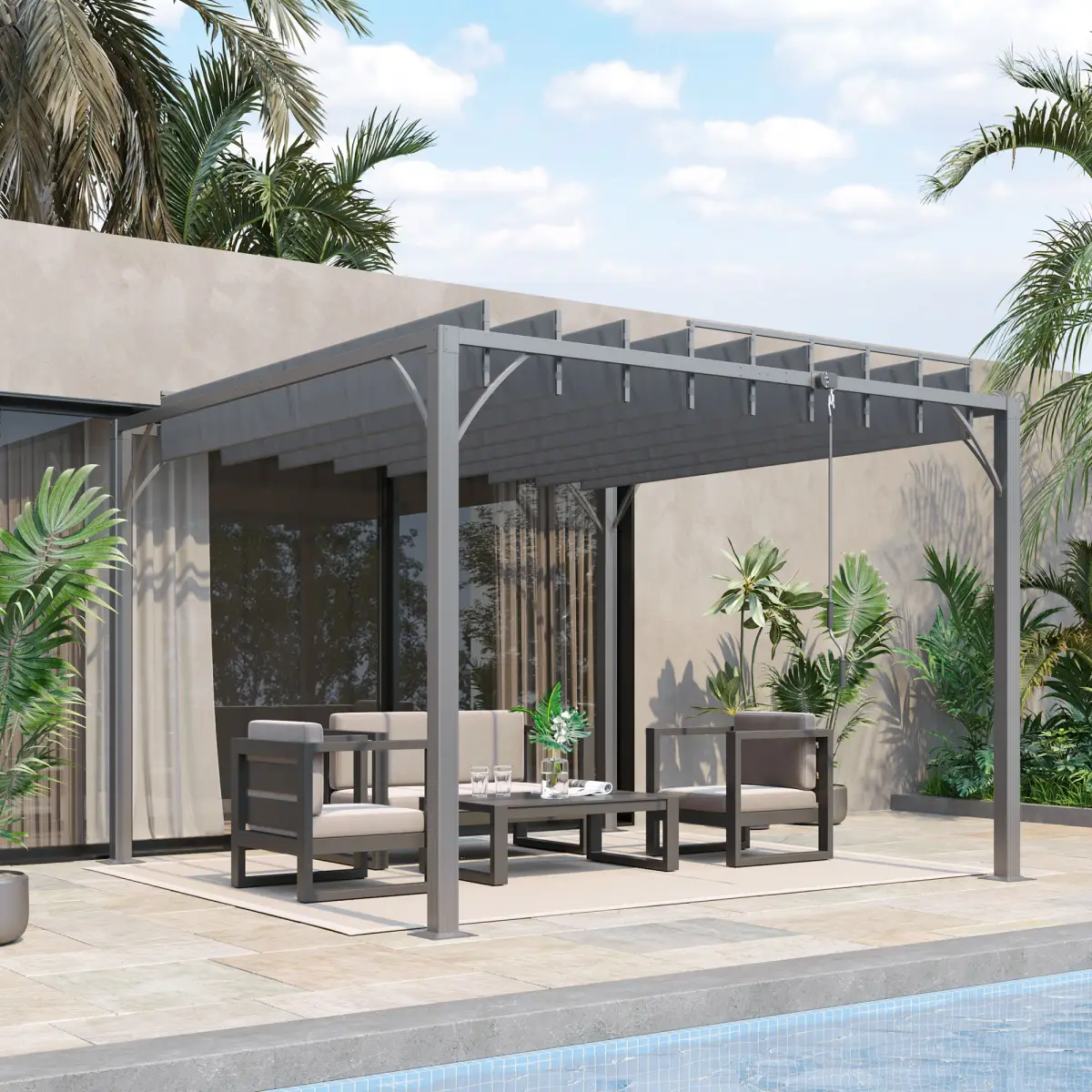 Outsunny Outsunny 3 x 3(m) Outdoor Louvered Metal Pergola with Retractable Roof, Grey - Gazebos