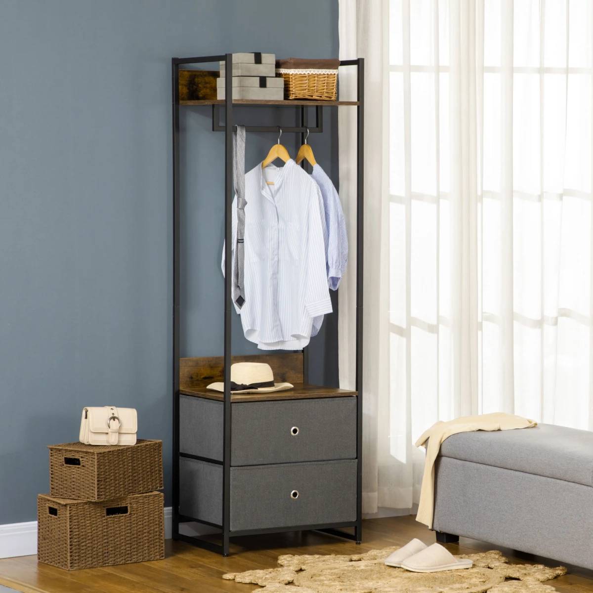 Rustic Industrial Clothes Rack Garment with 2 Fabric Drawers by Unbranded