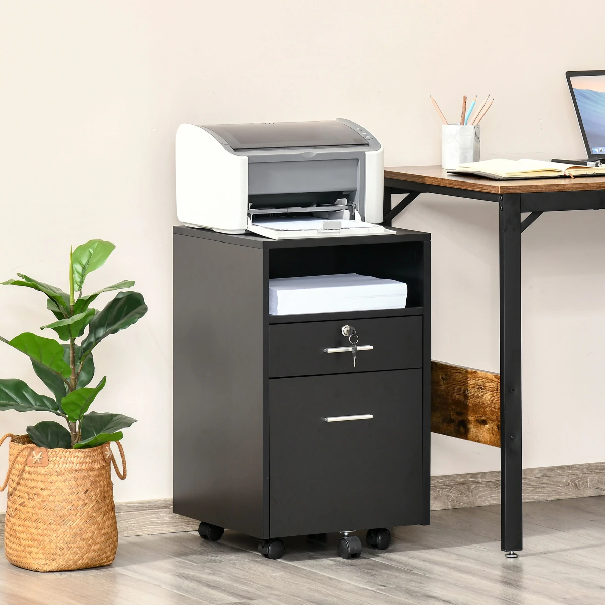 Vinsetto Mobile File Cabinet Compact Lockable Top Drawer 2 Keys Five Wheel Black Home Office Storage by Unbranded