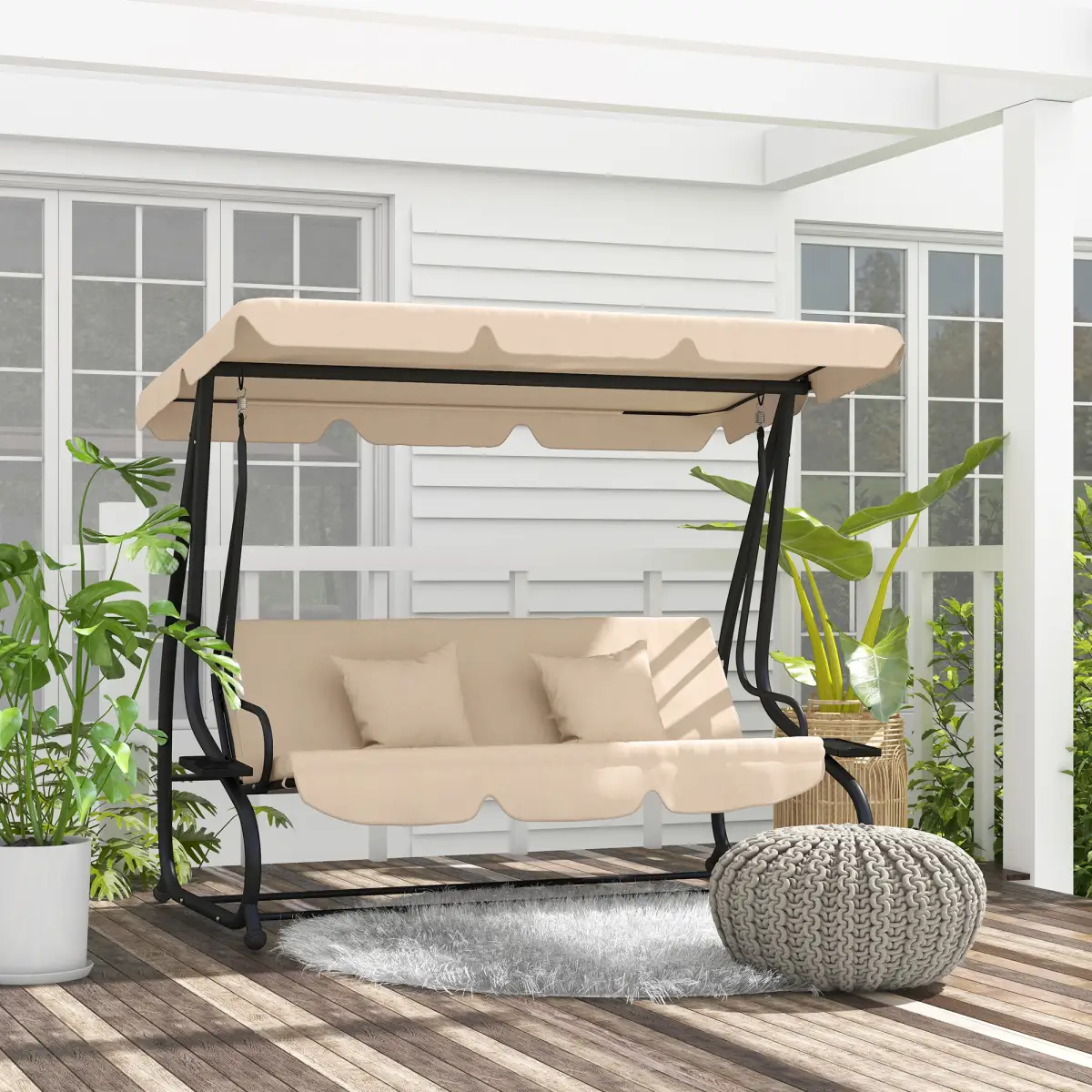 Outsunny Outsunny 2-in-1 Garden Swing Chair for 3 Person w/ Adjustable Canopy Light Brown - Hammocks