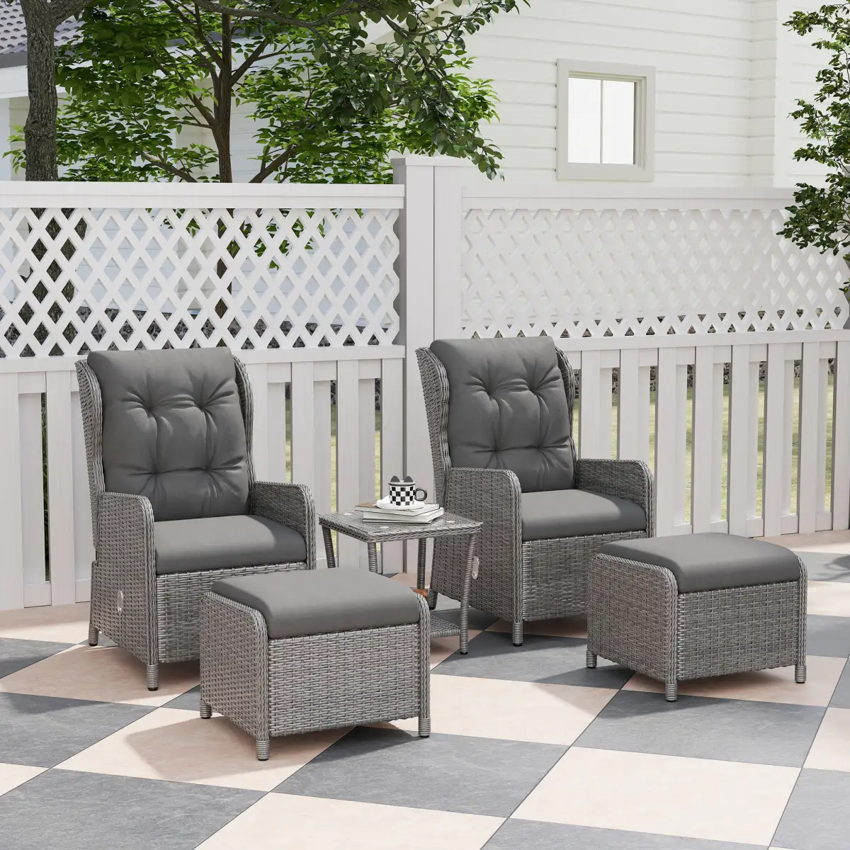 Outsunny Outsunny Recliner Rattan Garden Furniture w/ Two-tier Table, Light Grey - Garden Set