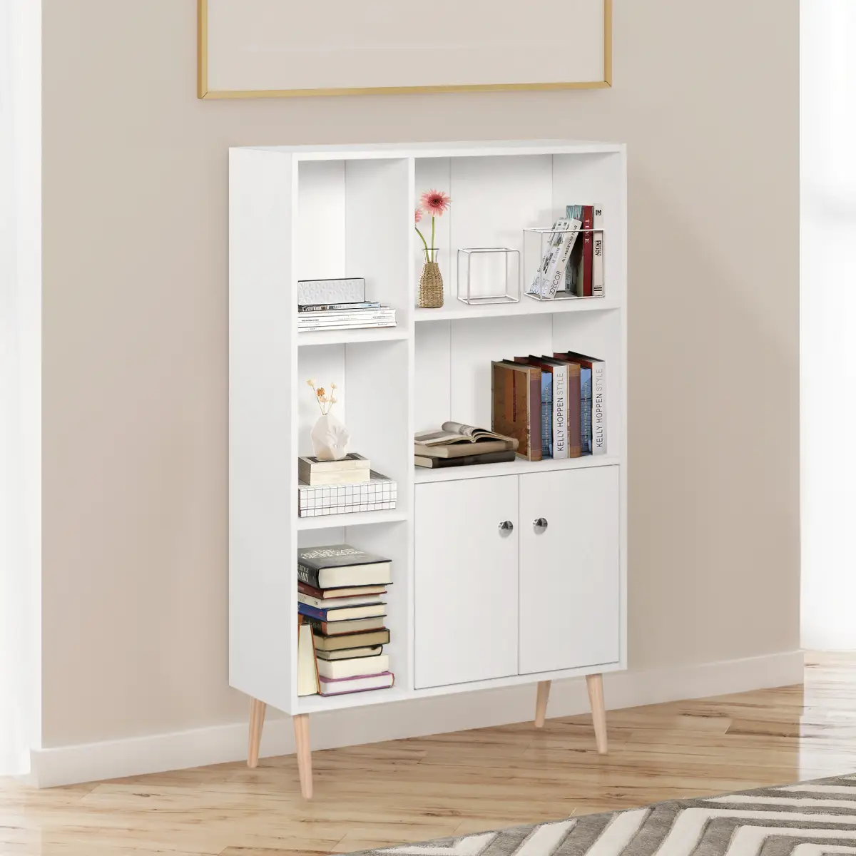 HOMCOM Open Bookcase Cabinet Shelves W/ Two Doors, 80W x 23.5D x 118Hcm-White - Display Cabinet