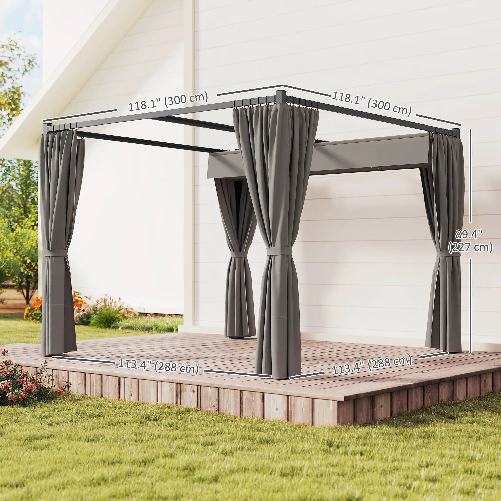Outsunny Outsunny 3 x 3(m) Pergola with Retractable Roof and Curtains, Light Grey - Gazebos