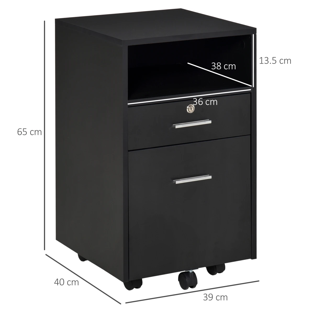 Vinsetto Mobile File Cabinet Compact Lockable Top Drawer 2 Keys Five Wheel Black Home Office Storage by Unbranded