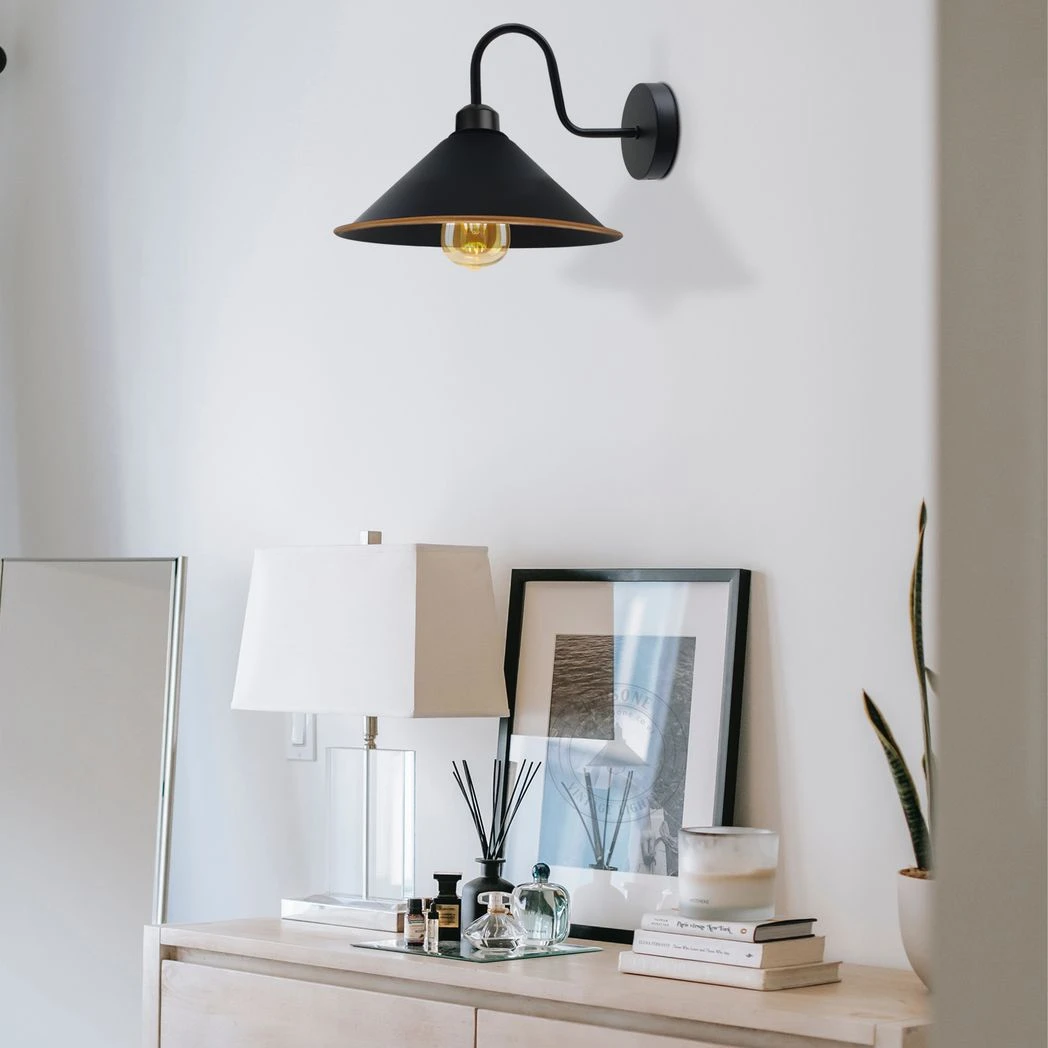 Black Gold Wall Light Medium Swan Neck Cone Shade E27 Home by Un-branded