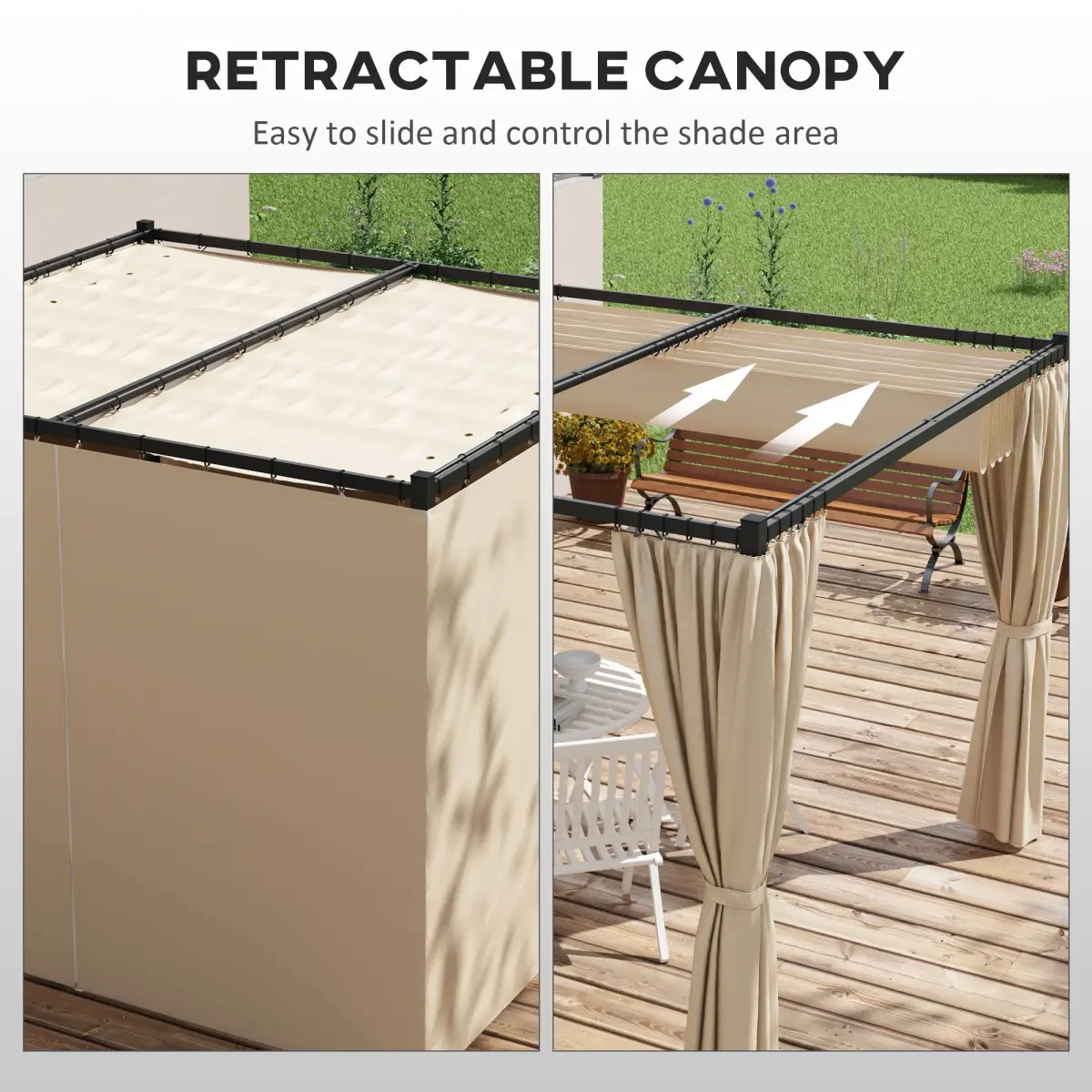Outsunny Outsunny 3 x 3(m) Pergola with Retractable Roof and Curtains, Beige - Gazebos