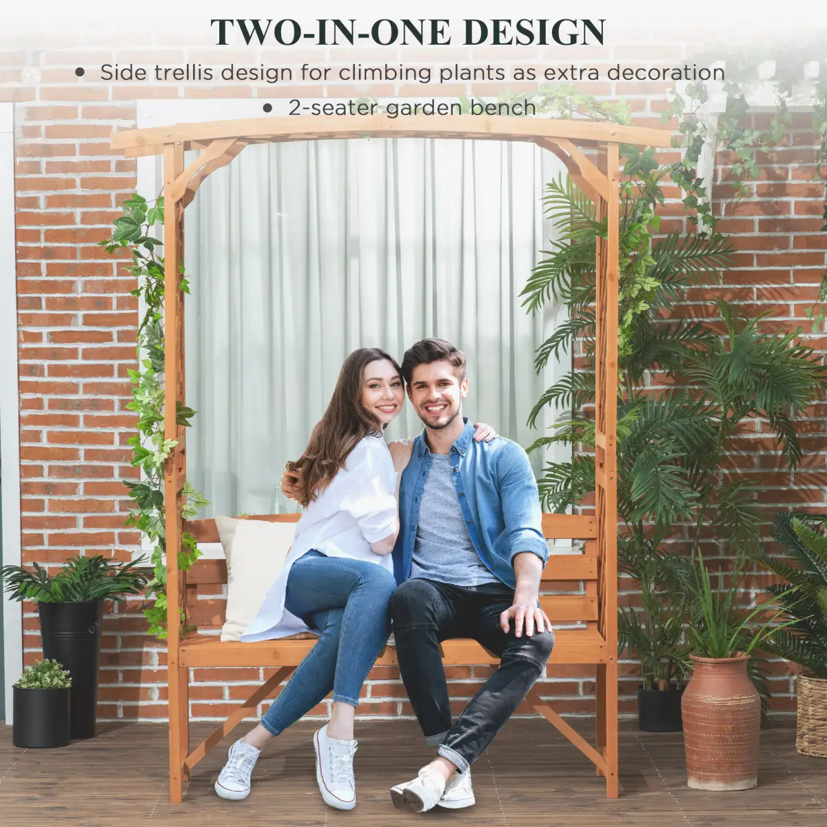 Outsunny Patio Garden Bench, Arch Pergola with Natural Wooden Garden Arbour with Seat - Gazebos