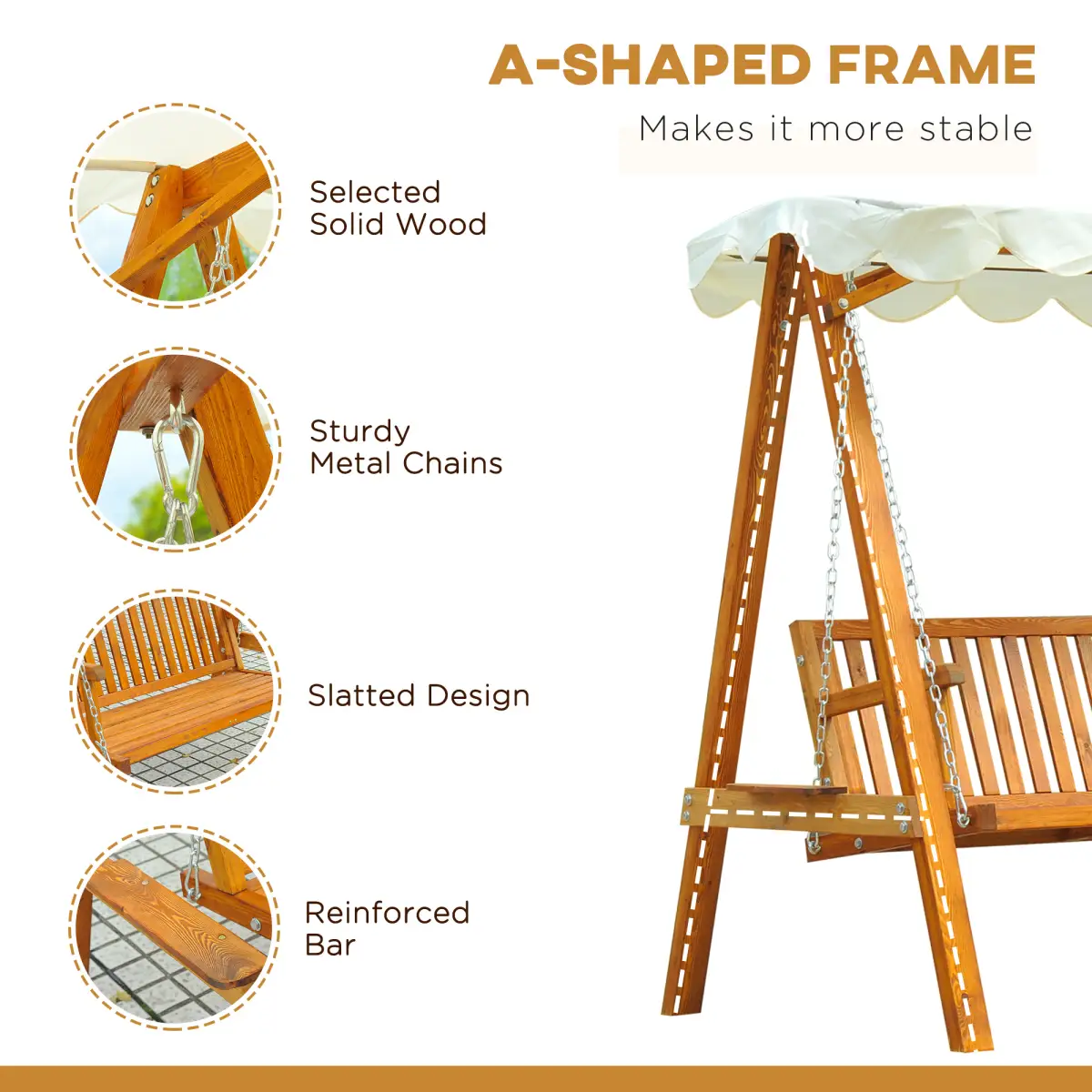 Outsunny 2-Seater Wood Garden Chair Swing Bench Lounger-Cream - Hammocks