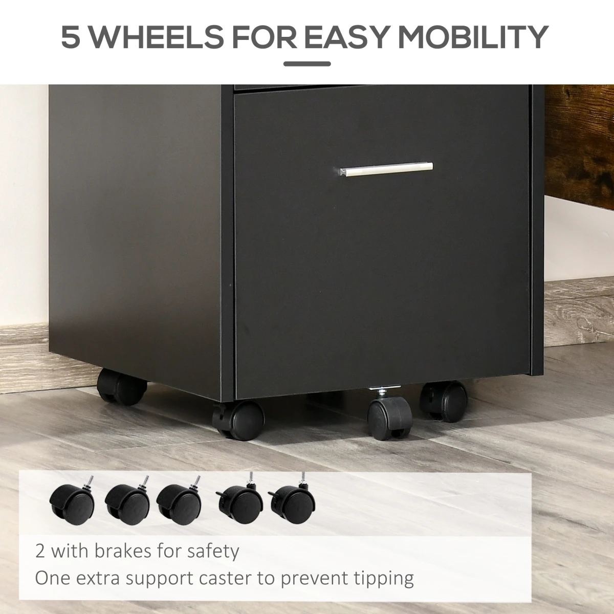 Vinsetto Mobile File Cabinet Compact Lockable Top Drawer 2 Keys Five Wheel Black Home Office Storage by Unbranded