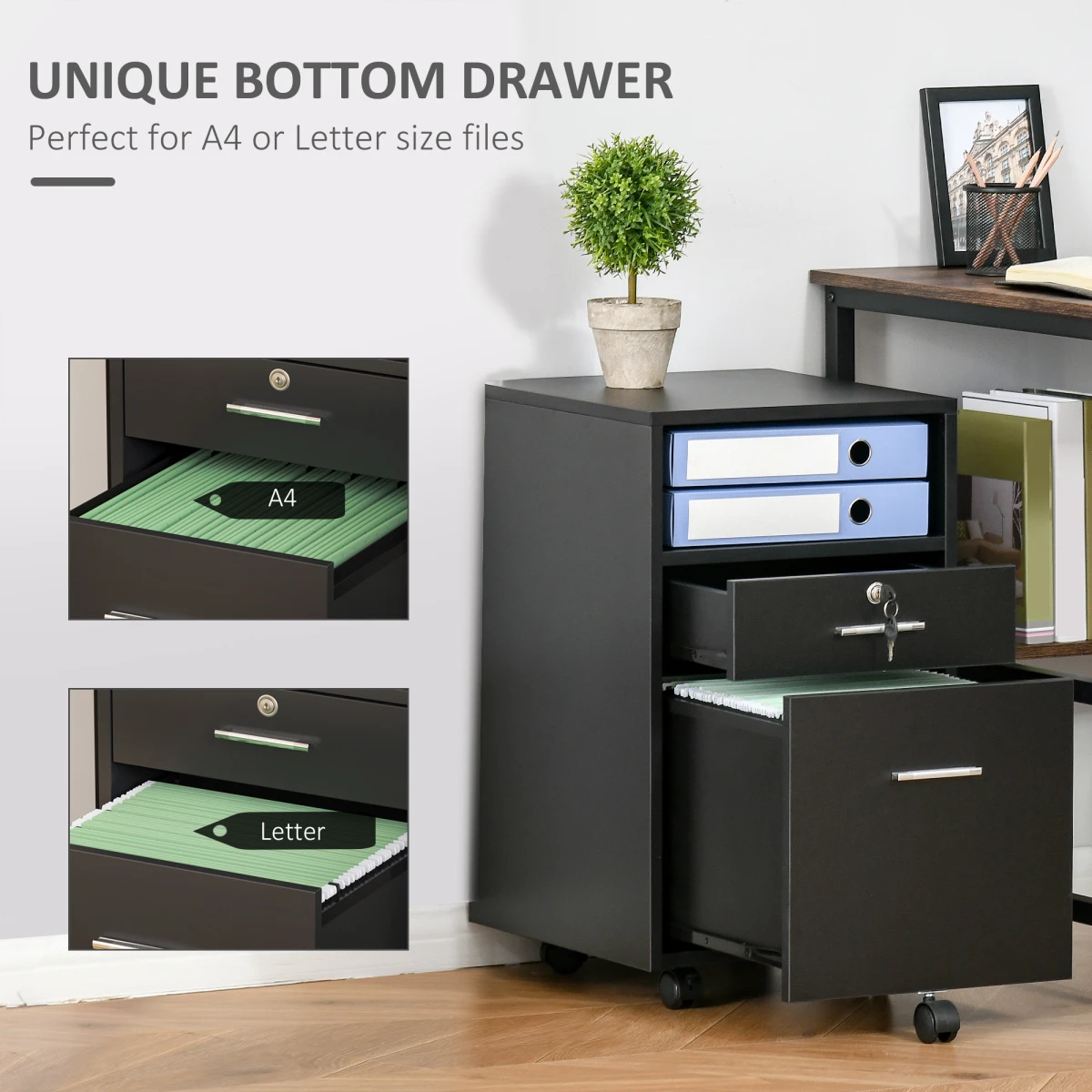 Vinsetto Mobile File Cabinet Compact Lockable Top Drawer 2 Keys Five Wheel Black Home Office Storage by Unbranded