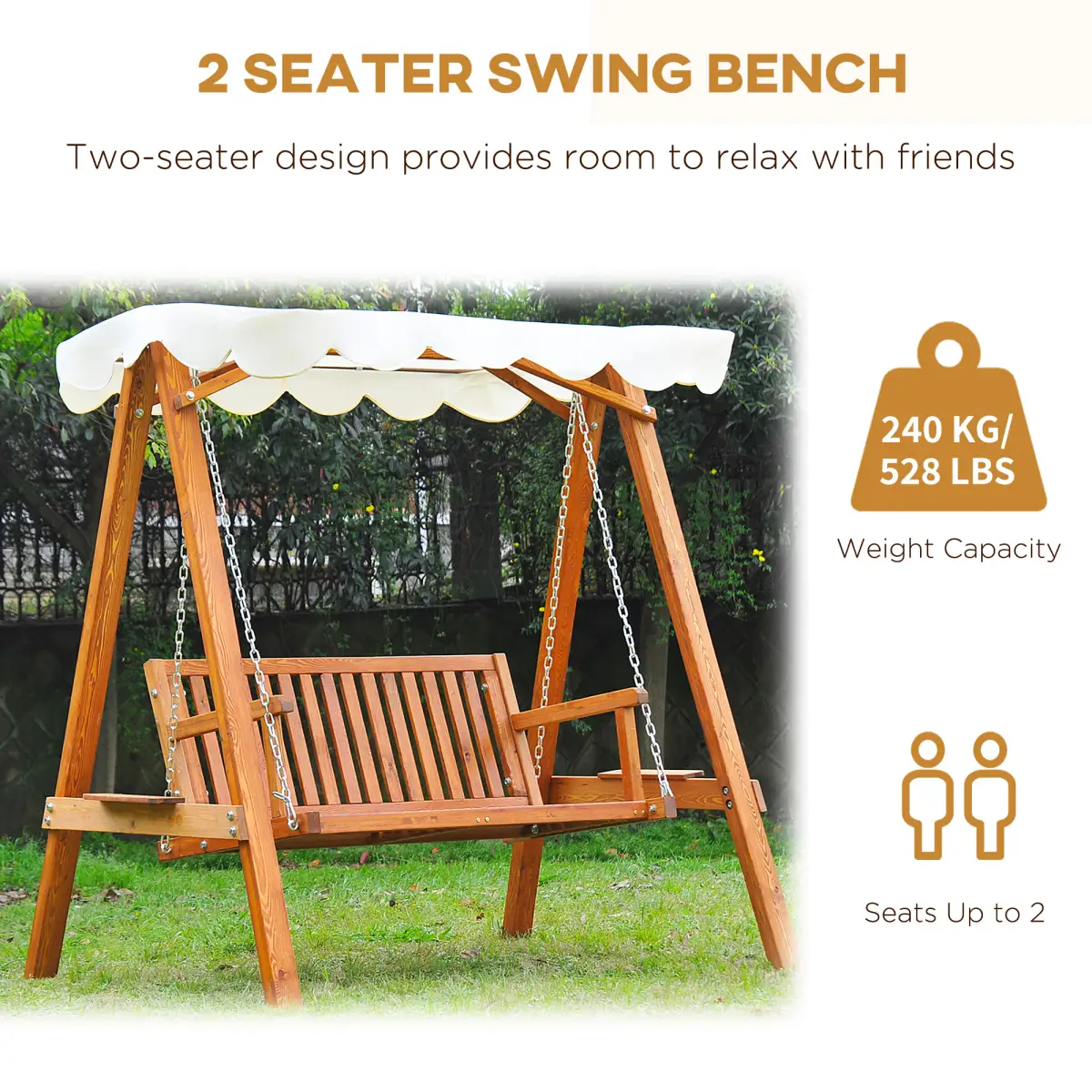 Outsunny 2-Seater Wood Garden Chair Swing Bench Lounger-Cream - Hammocks