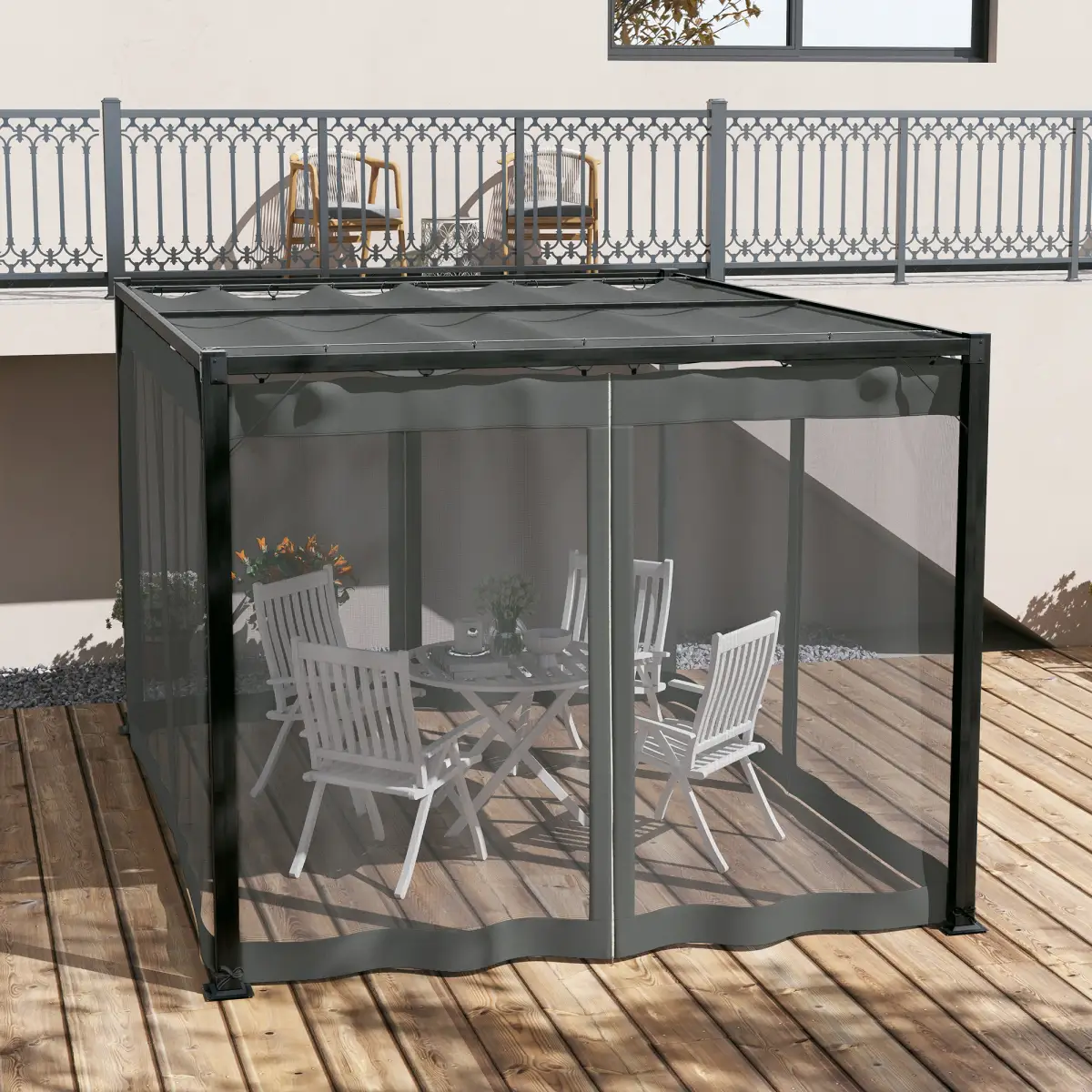 Outsunny Outsunny 3 x 4m Pergola with Retractable Roof and Netting, Dark Grey - Gazebos