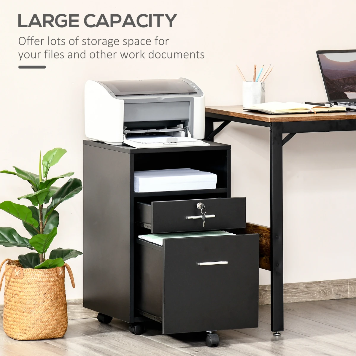 Vinsetto Mobile File Cabinet Compact Lockable Top Drawer 2 Keys Five Wheel Black Home Office Storage by Unbranded