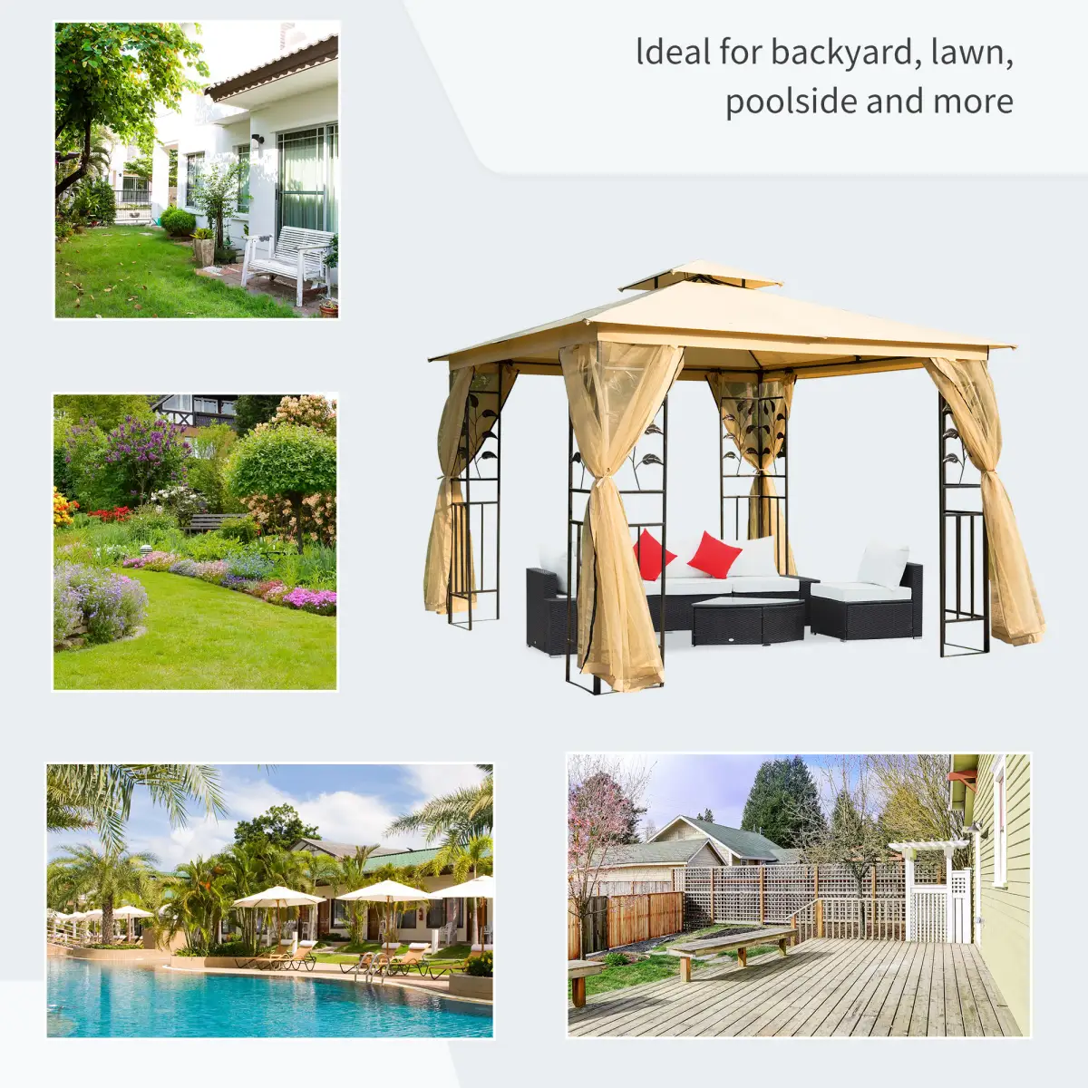 Outsunny 3x3 m Double Top Gazebo-Beige - Gazebos