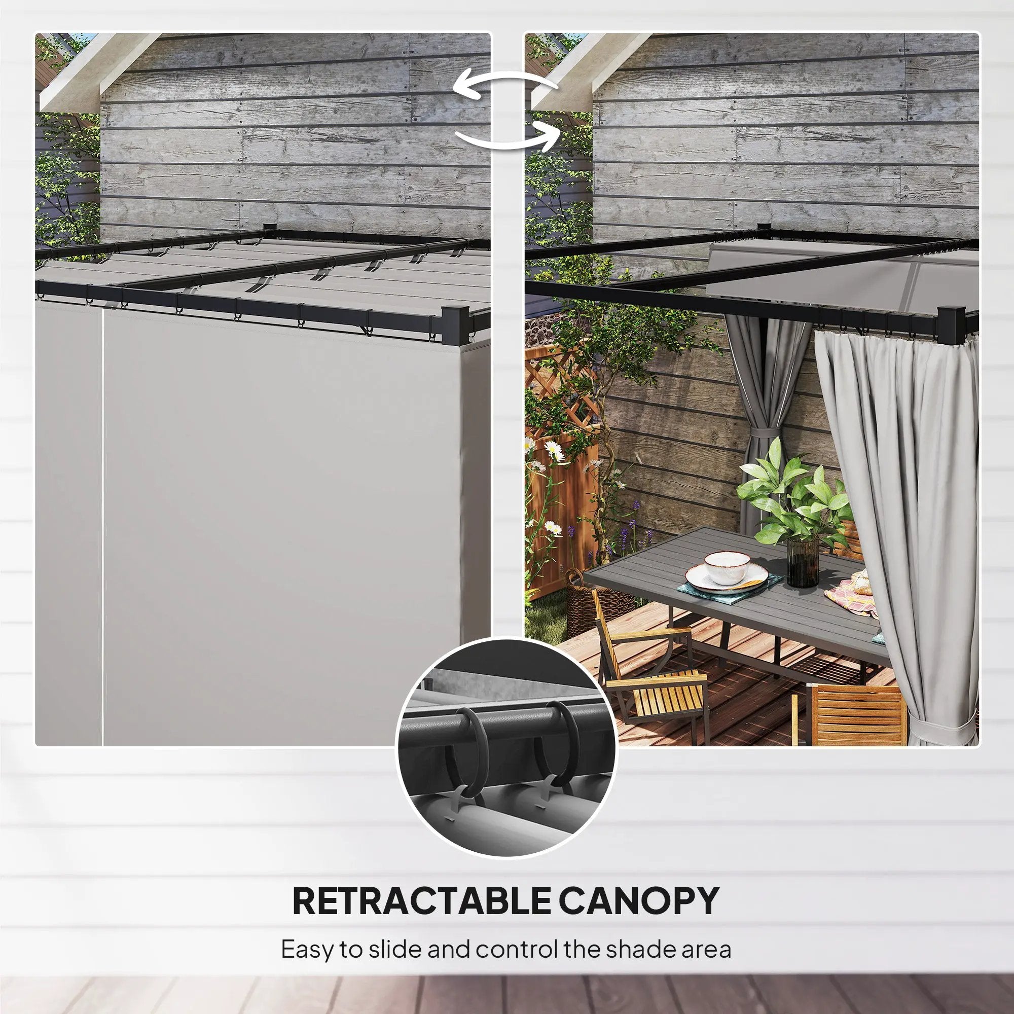 Outsunny Outsunny 3 x 3(m) Pergola with Retractable Roof and Curtains, Light Grey - Gazebos