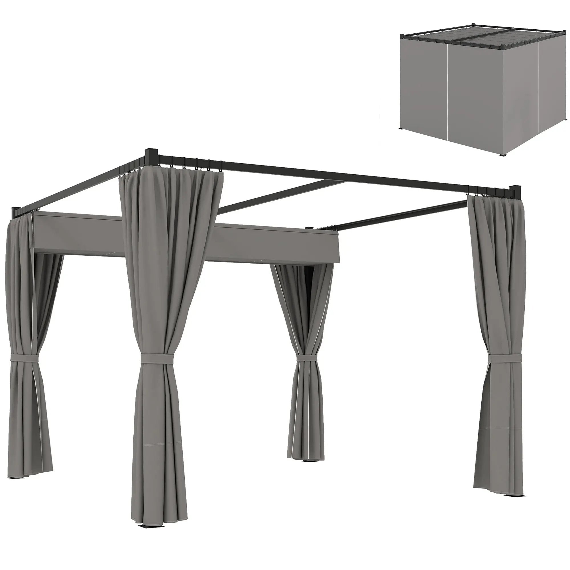 Outsunny Outsunny 3 x 3(m) Pergola with Retractable Roof and Curtains, Light Grey - Gazebos