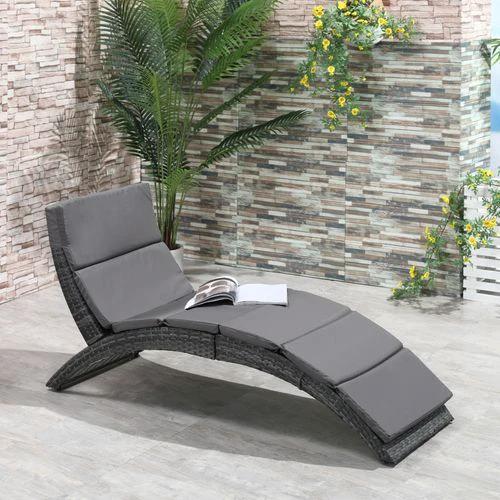 Garden Patio Rattan Wicker Folding Sun Lounger Cushion Grey by Outsunny
