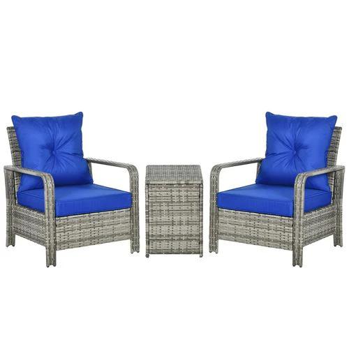 Outsunny 3 PCs PE Rattan Garden Sofa Set w/ 2 Chairs & Storage Table Mixed Grey - Garden Sofa Sets