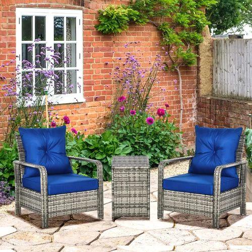 Outsunny 3 PCs PE Rattan Garden Sofa Set w/ 2 Chairs & Storage Table Mixed Grey - Garden Sofa Sets