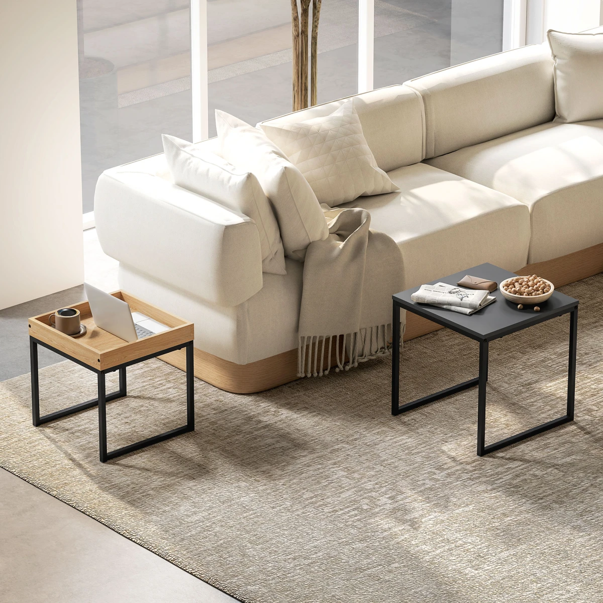 HOMCOM Nesting Coffee Tables Set Compact Square White And Wood For Small Space Living by HOMCOM