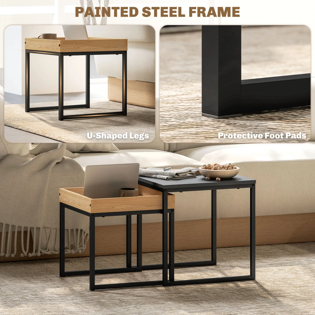 HOMCOM Nesting Coffee Tables Set Compact Square White And Wood For Small Space Living by HOMCOM