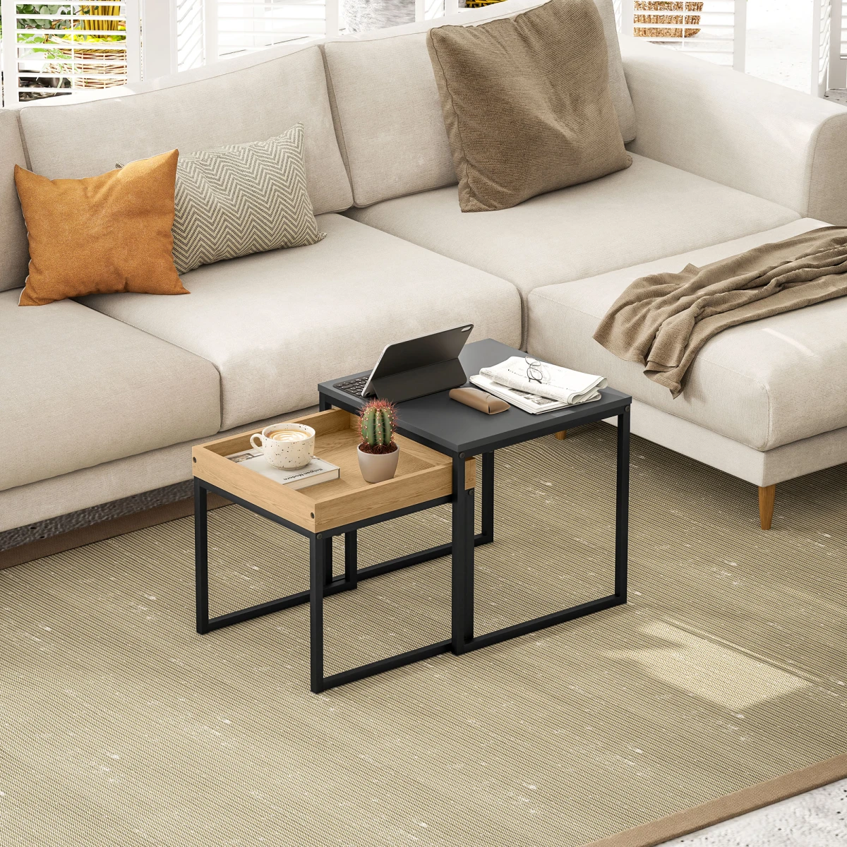 HOMCOM Nesting Coffee Tables Set Compact Square White And Wood For Small Space Living by HOMCOM