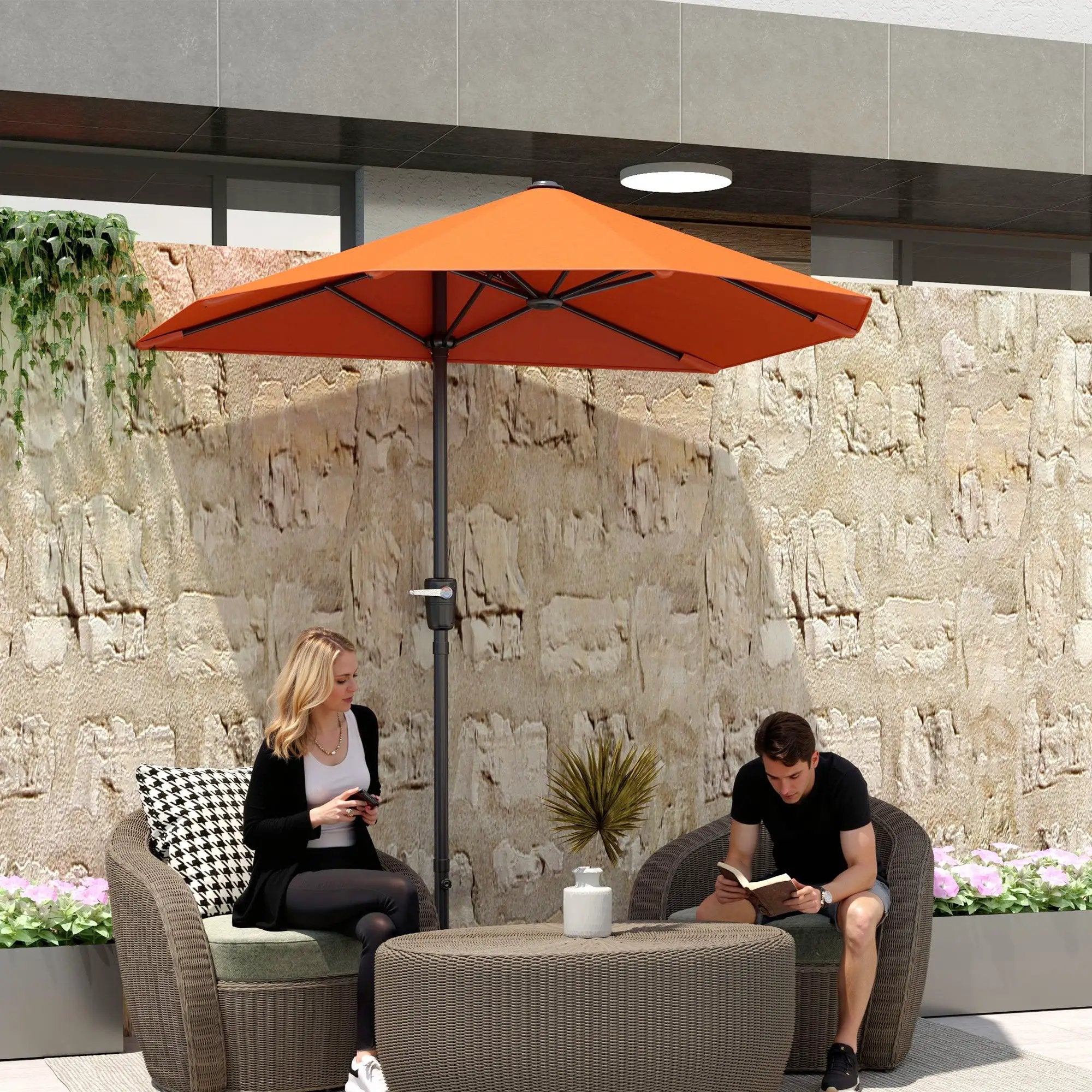 Outsunny Outsunny 2m Half Garden Parasol Market Umbrella w/ Crank Handle, Orange - Parasol