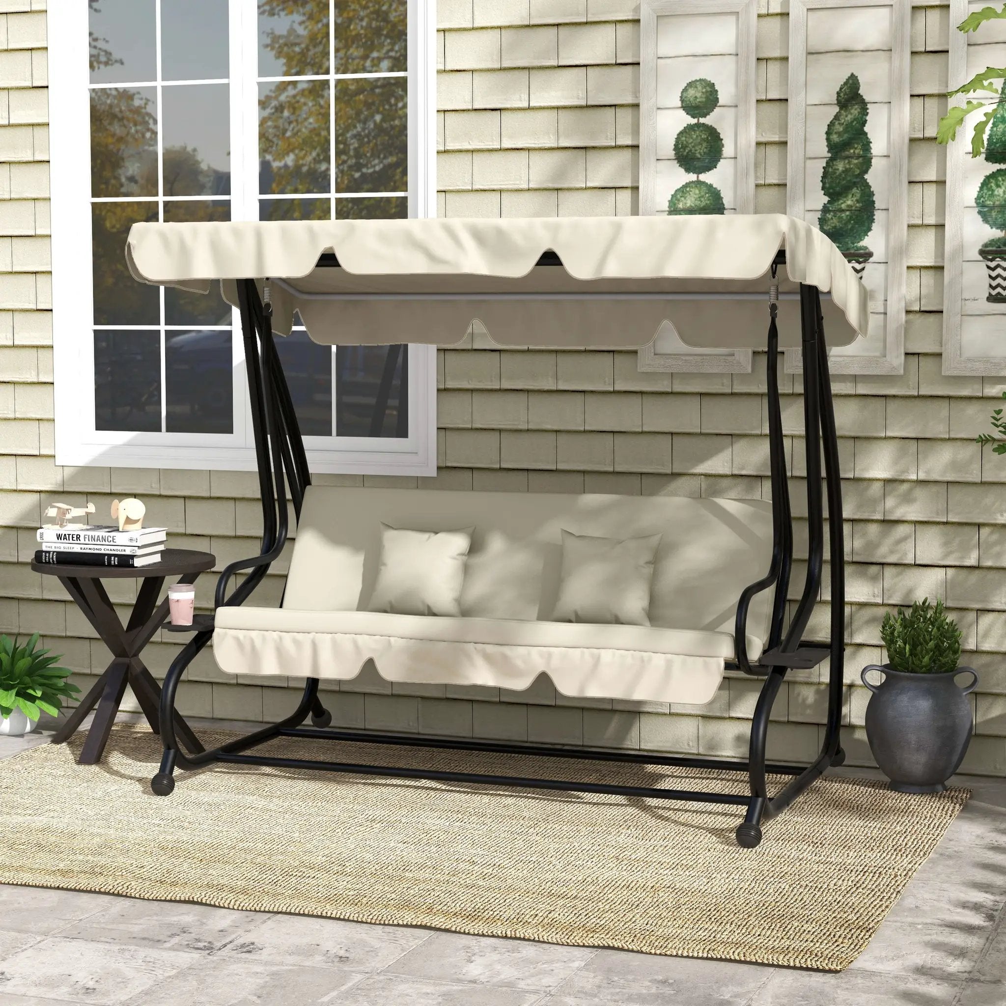 Outsunny Outsunny 2-in-1 Garden Swing Chair for 3 Person w/ Adjustable Canopy, Cream - Hammocks