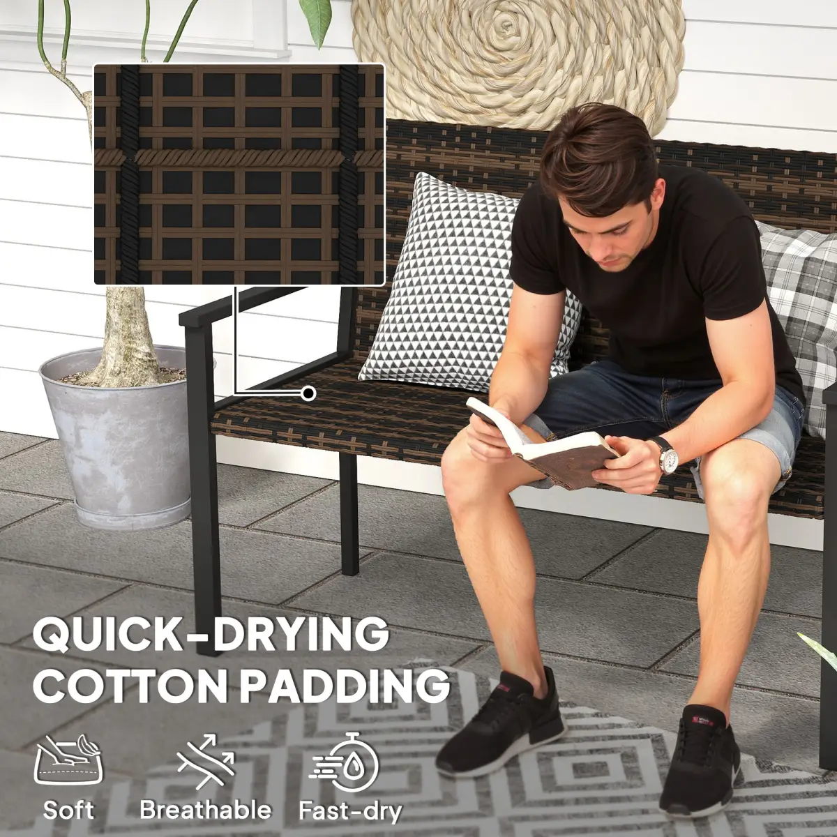 Outsunny Outsunny Rattan Garden Bench Loveseat with Quick-Drying Padding - Garden Chairs