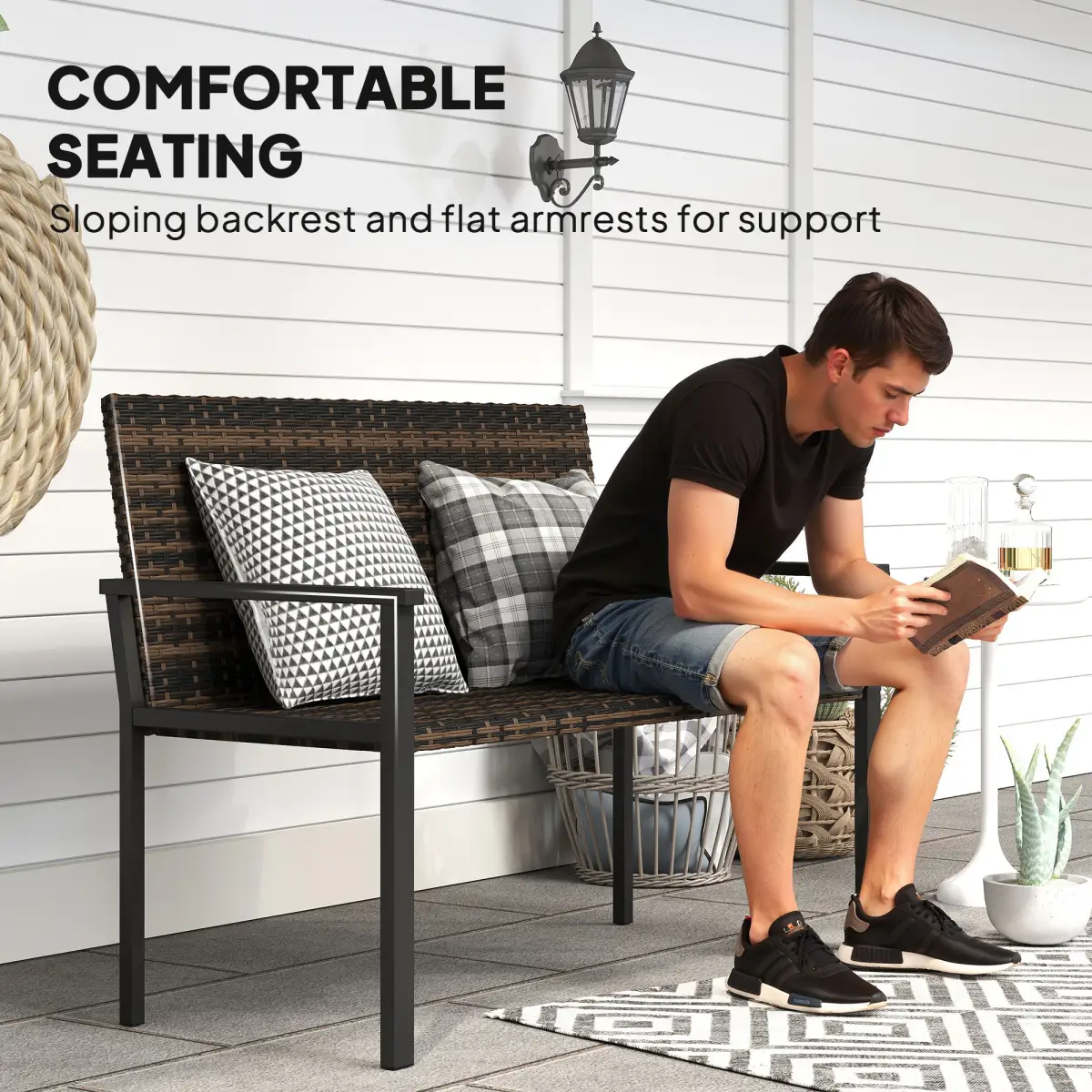 Outsunny Outsunny Rattan Garden Bench Loveseat with Quick-Drying Padding - Garden Chairs