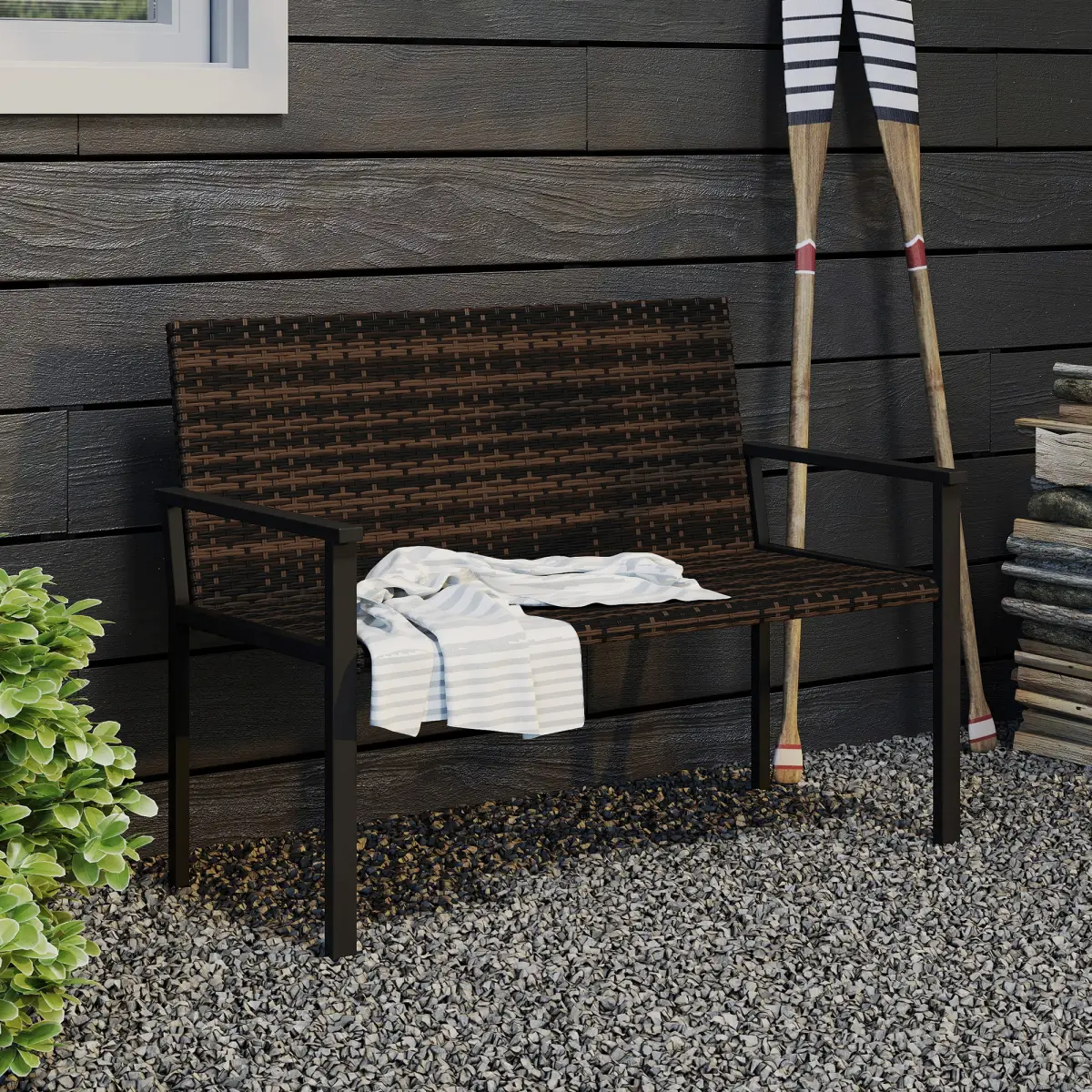 Outsunny Outsunny Rattan Garden Bench Loveseat with Quick-Drying Padding - Garden Chairs