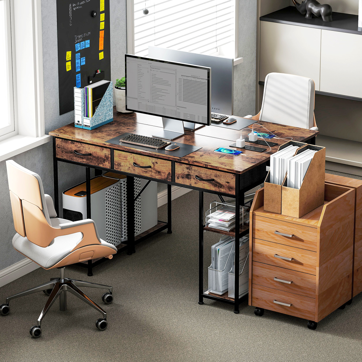 HOMCOM HOMCOM Computer Writing Desk Full Size Built In Charging Station with Drawers and Shelves for Home Office - Desk