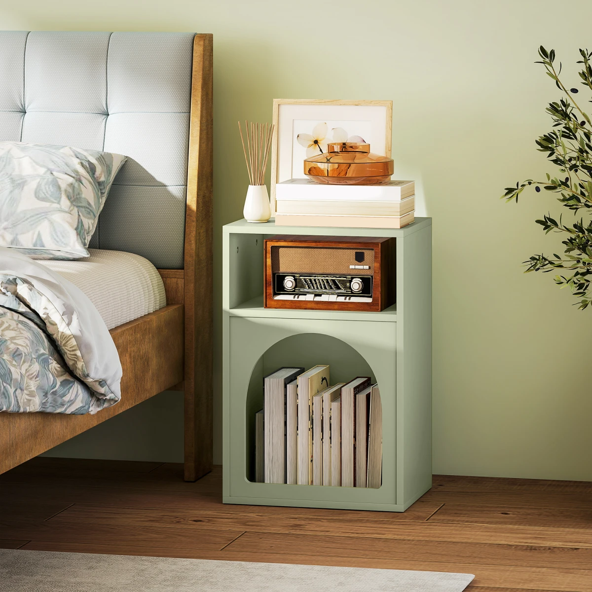 HOMCOM HOMCOM Bedside Table Modern Arch Design Light Green Finish 40W By 30D Two Open Shelves For Bedroom - Bedside Table