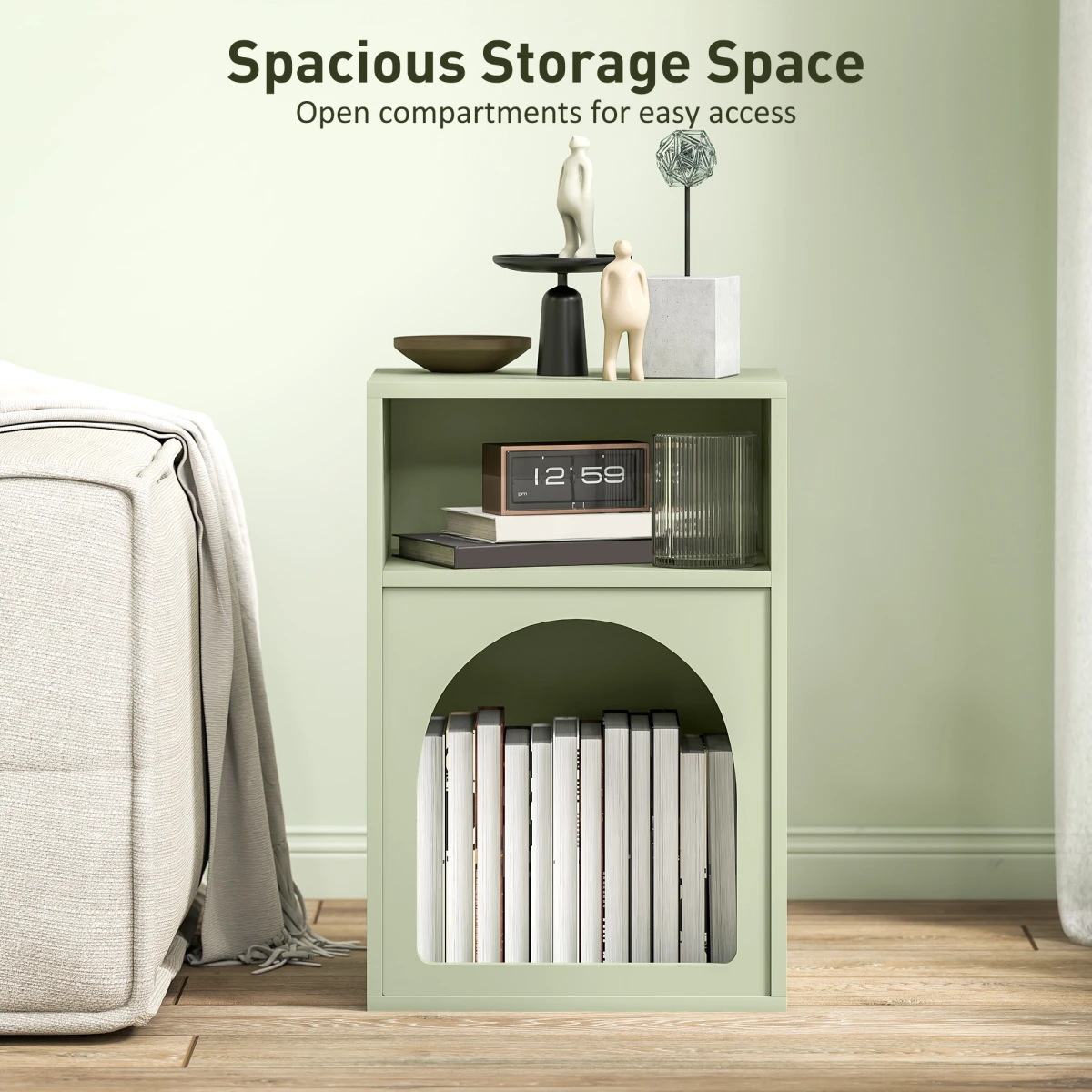 HOMCOM HOMCOM Bedside Table Modern Arch Design Light Green Finish 40W By 30D Two Open Shelves For Bedroom - Bedside Table