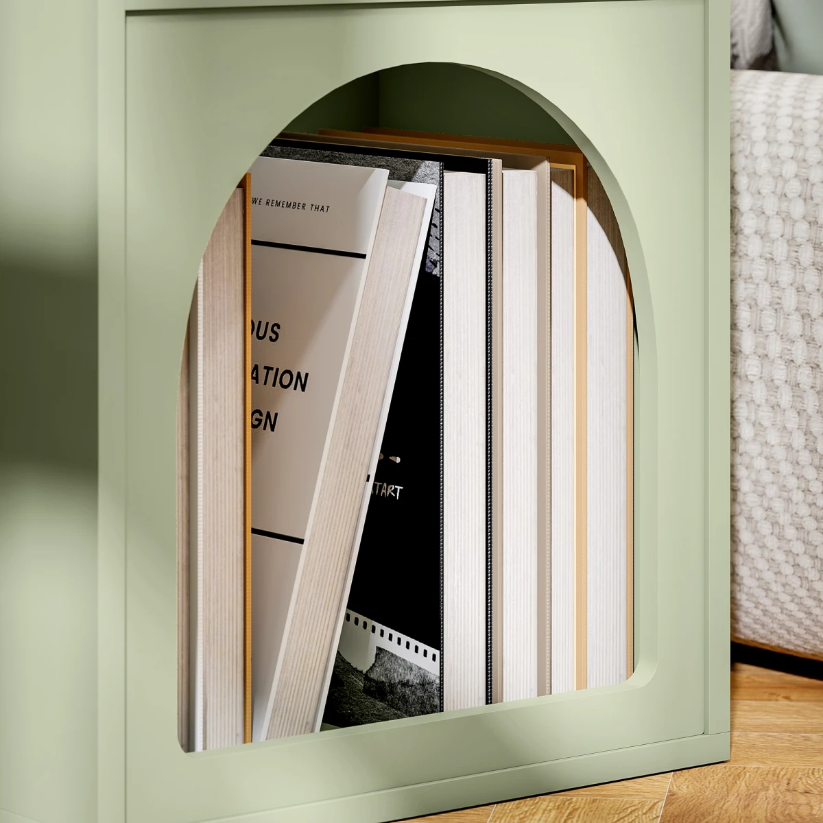 HOMCOM Bedside Table Modern Arch Design Light Green Finish 40W By 30D Two Open Shelves For Bedroom by HOMCOM