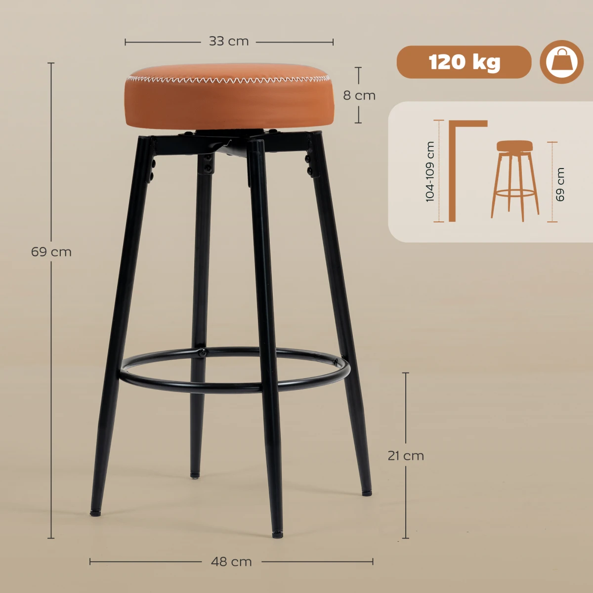 HOMCOM Bar Stools Set of 2 8cm Cushioned Seat Faux Leather 360 Degree Swivel With Footrest by HOMCOM