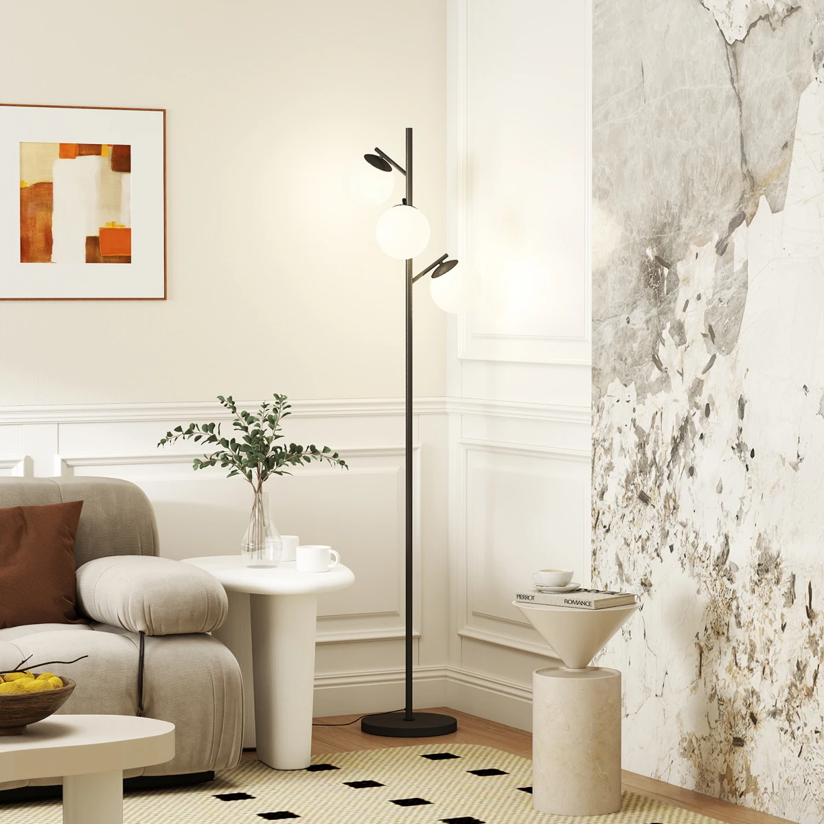 HOMCOM HOMCOM Modern Tree Floor Lamp With Three Glass Globes E27 Base Tall Stand Foot Switch For Living Room And Office - Lamp