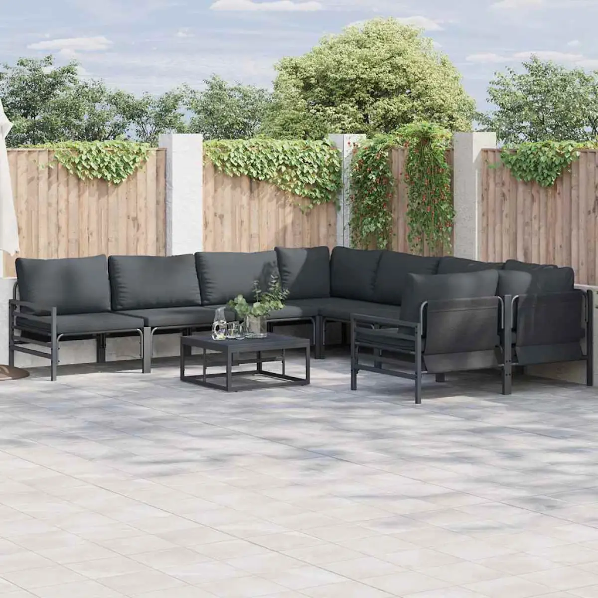 vidaXL vidaXL Garden Sofa Set with Cushion 8 pcs Black Steel - Garden Sofa Sets