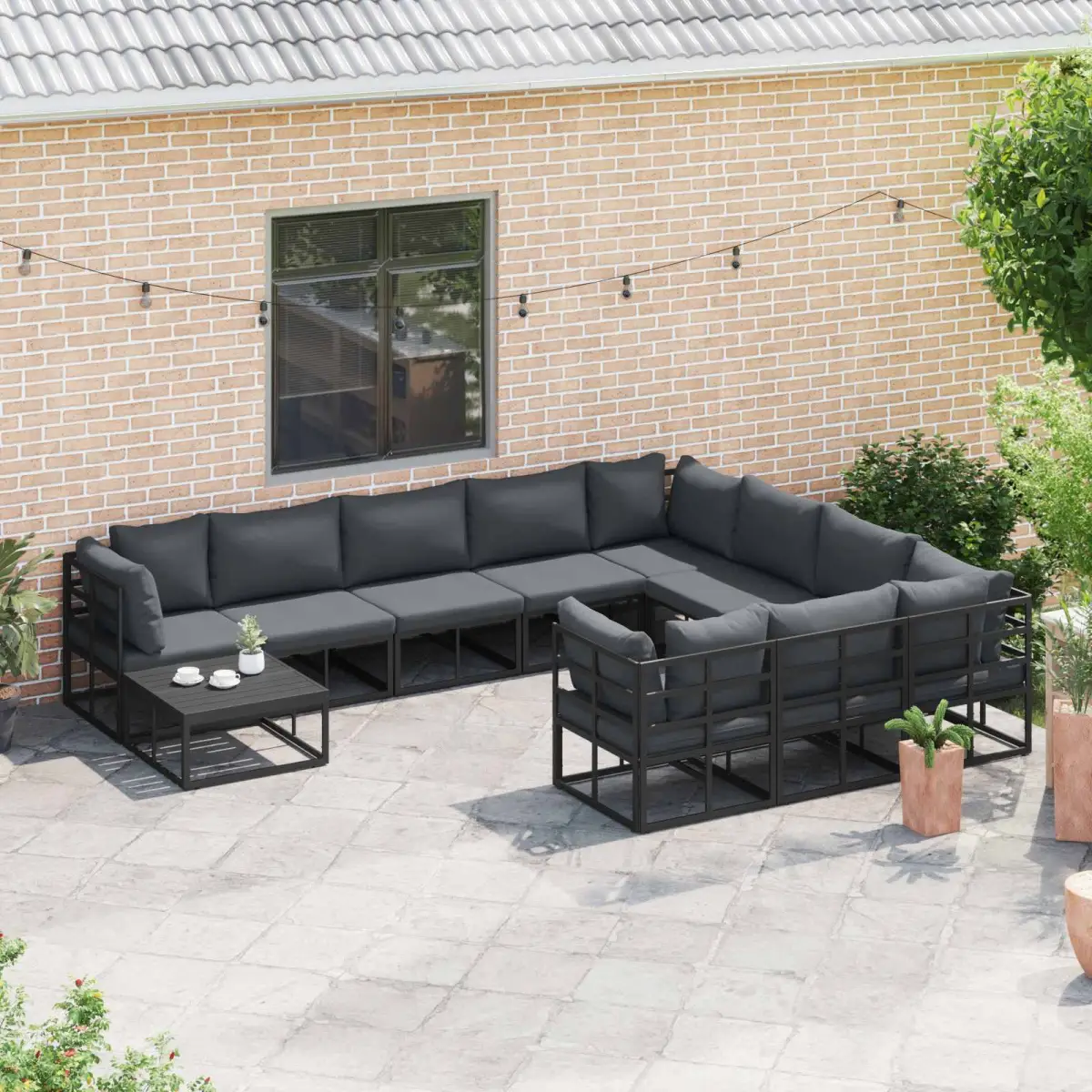 vidaXL vidaXL Garden Sofa Set with Cushion 10 pcs Black Aluminium - Garden Sofa Sets