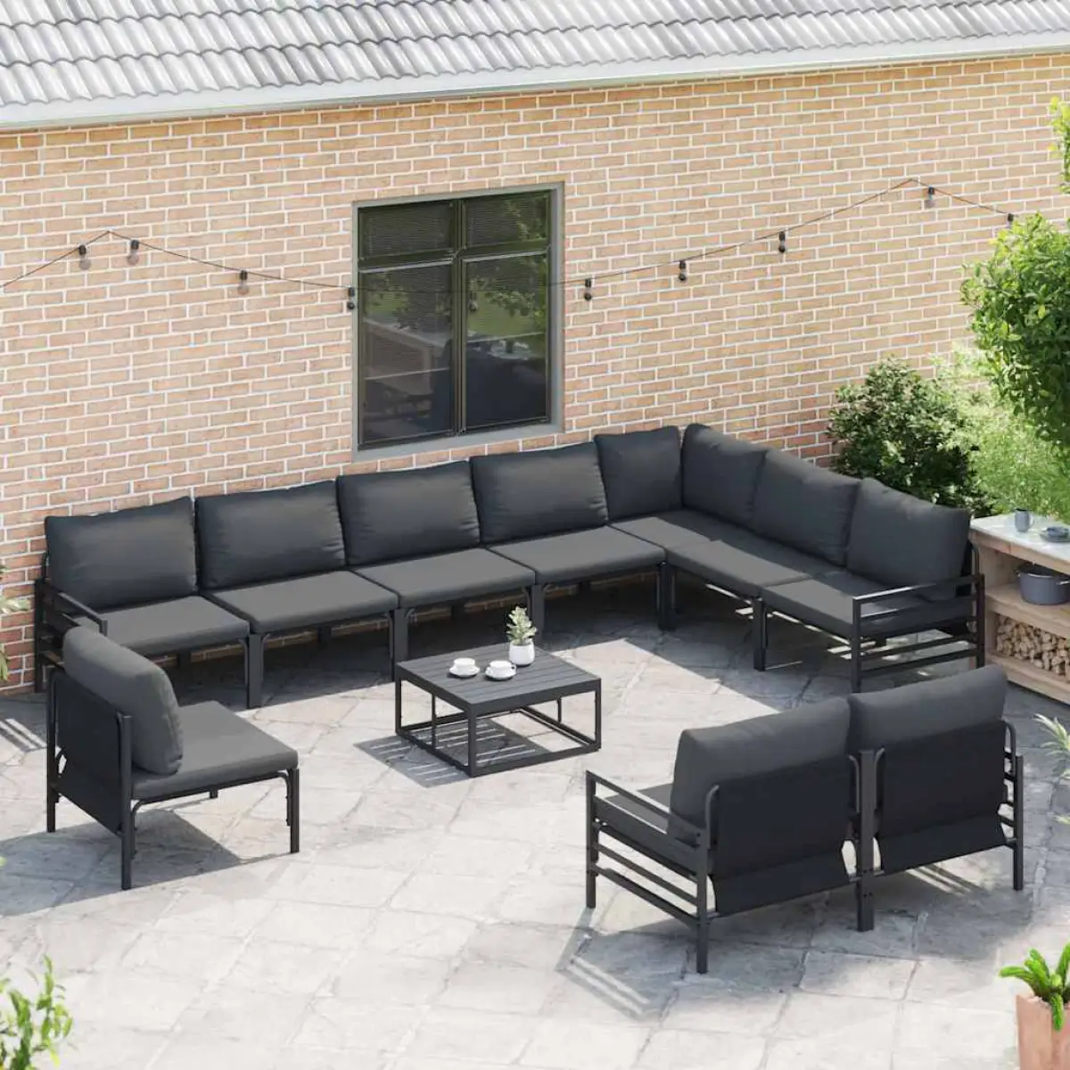 vidaXL vidaXL Garden Sofa Set with Cushion 10 pcs Black Steel - Garden Sofa Sets