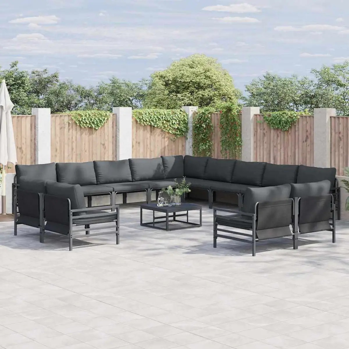 vidaXL vidaXL Garden Sofa Set with Cushion 13 pcs Black Steel - Garden Sofa Sets