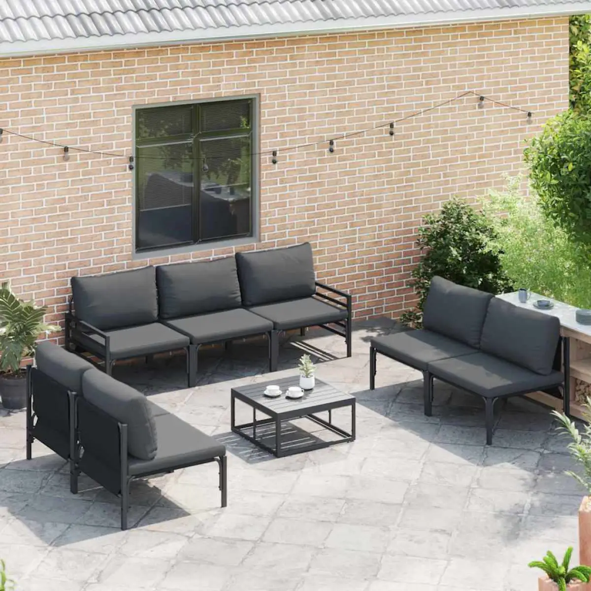 vidaXL vidaXL Garden Sofa Set with Cushion 7 pcs Black Steel - Garden Sofa Sets