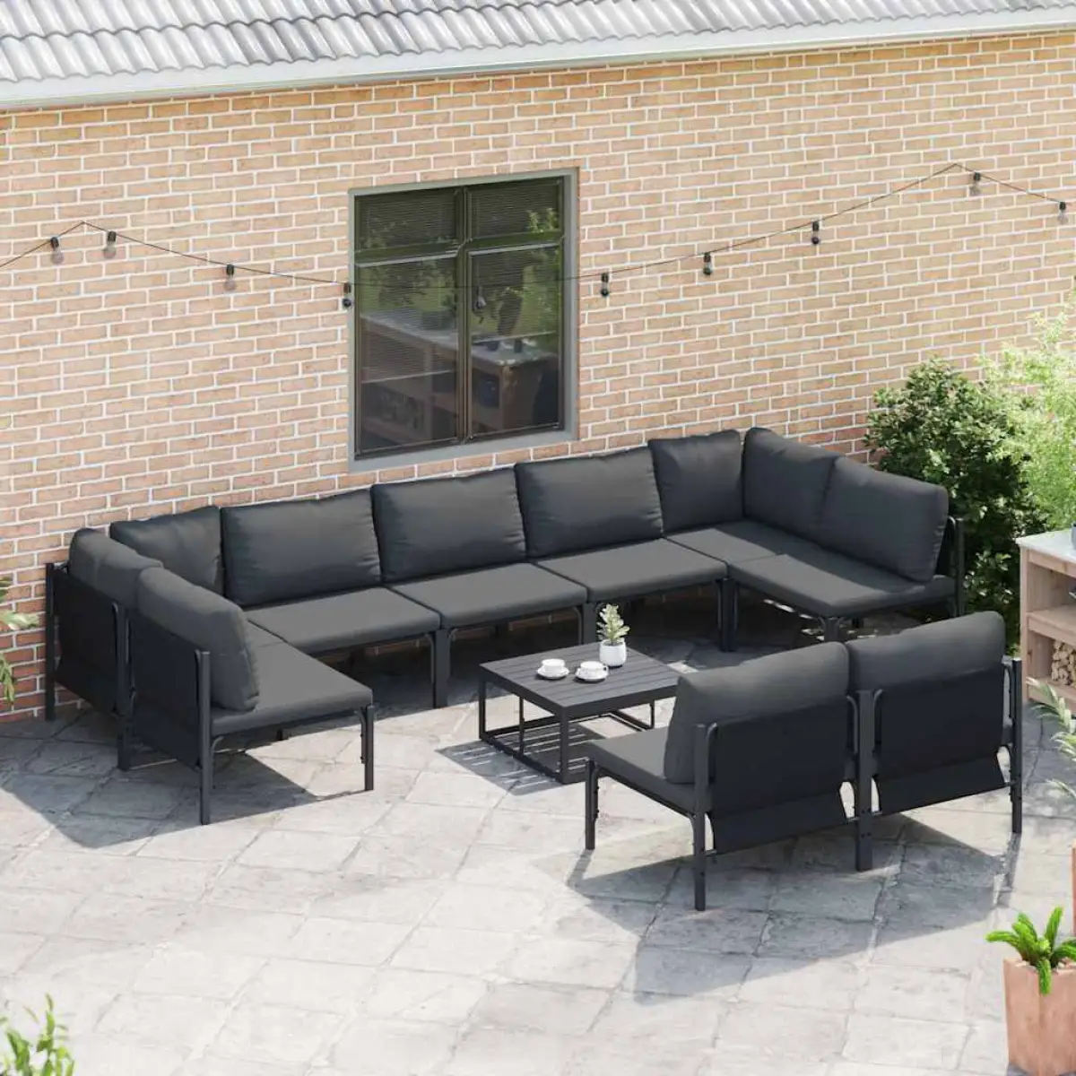 vidaXL vidaXL Garden Sofa Set with Cushion 9 pcs Black Steel - Garden Sofa Sets