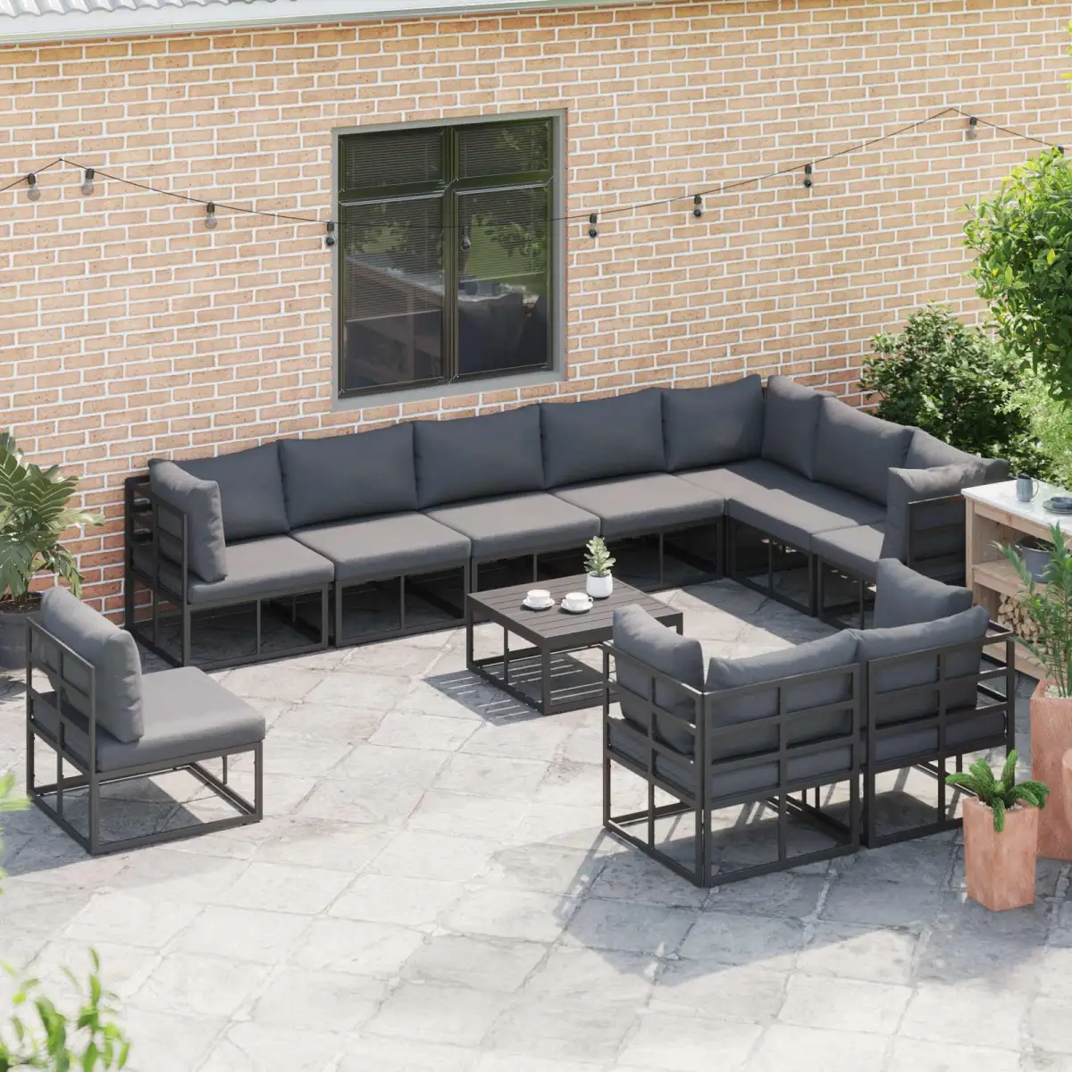 vidaXL vidaXL Garden Sofa Set with Cushion 10 pcs Black Aluminium - Garden Sofa Sets