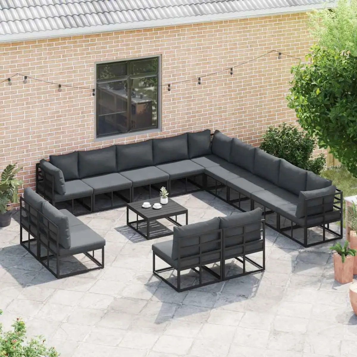 vidaXL vidaXL Garden Sofa Set with Cushion 13 pcs Black Aluminium - Garden Sofa Sets