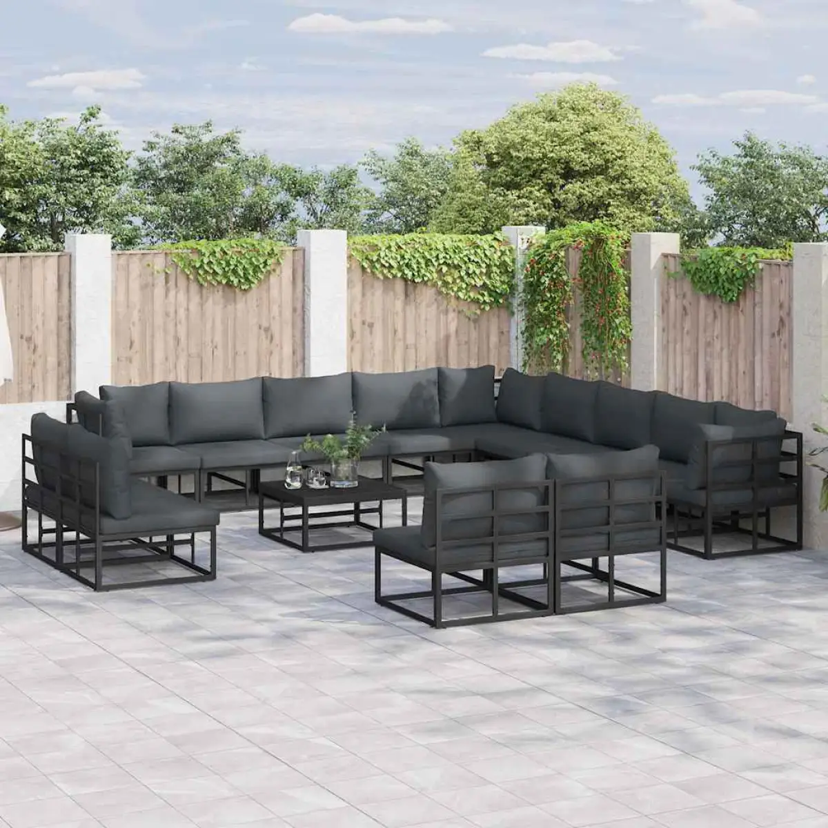 vidaXL vidaXL Garden Sofa Set with Cushion 13 pcs Black Aluminium - Garden Sofa Sets