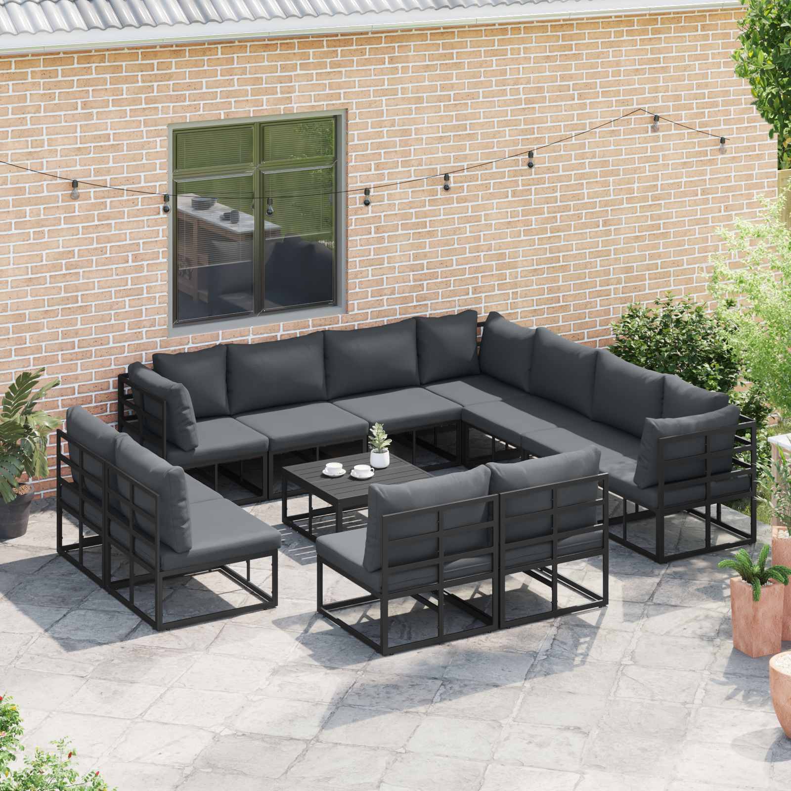 vidaXL vidaXL Garden Sofa Set with Cushion 11 pcs Black Aluminium - Garden Sofa Sets