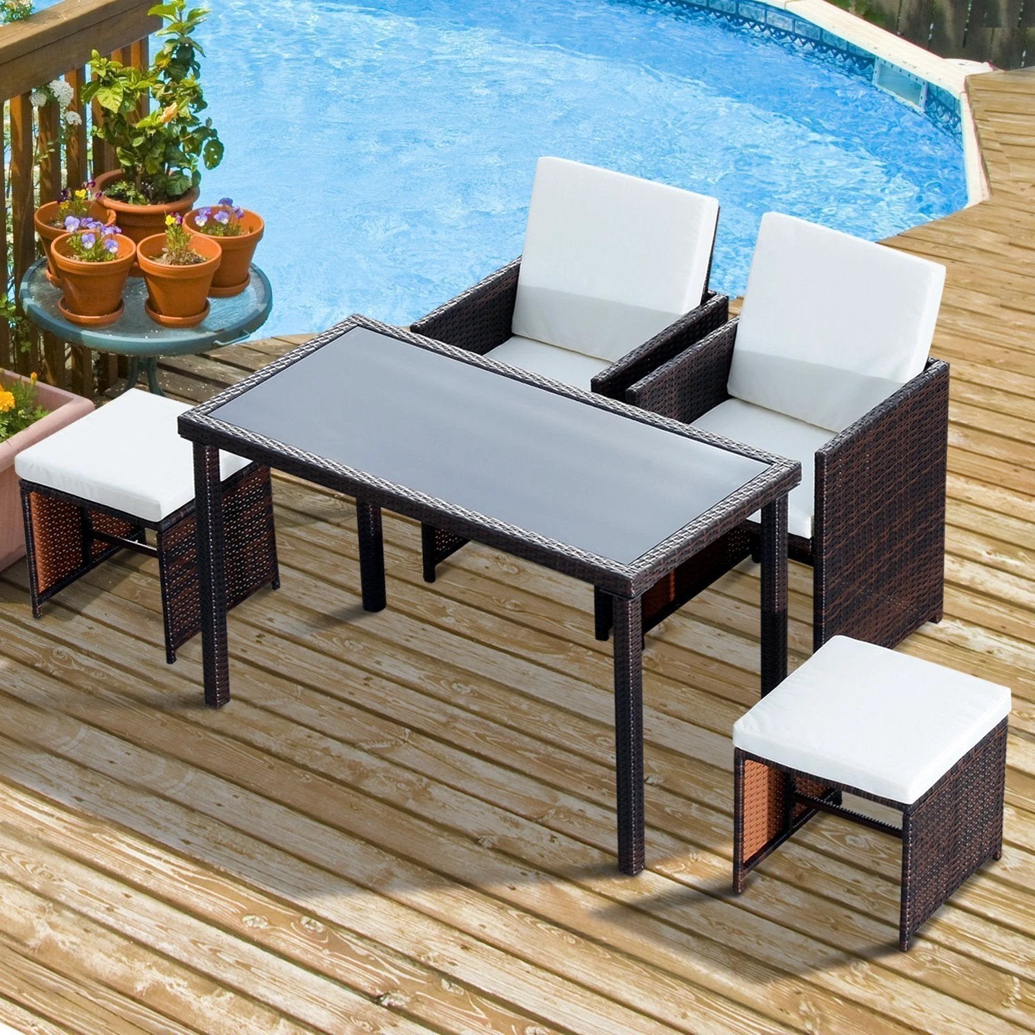 Outsunny 5 PCs Rattan Garden Furniture Wicker Weave Sofa Set Dining Table Chair Footrest - Garden Sofa Sets